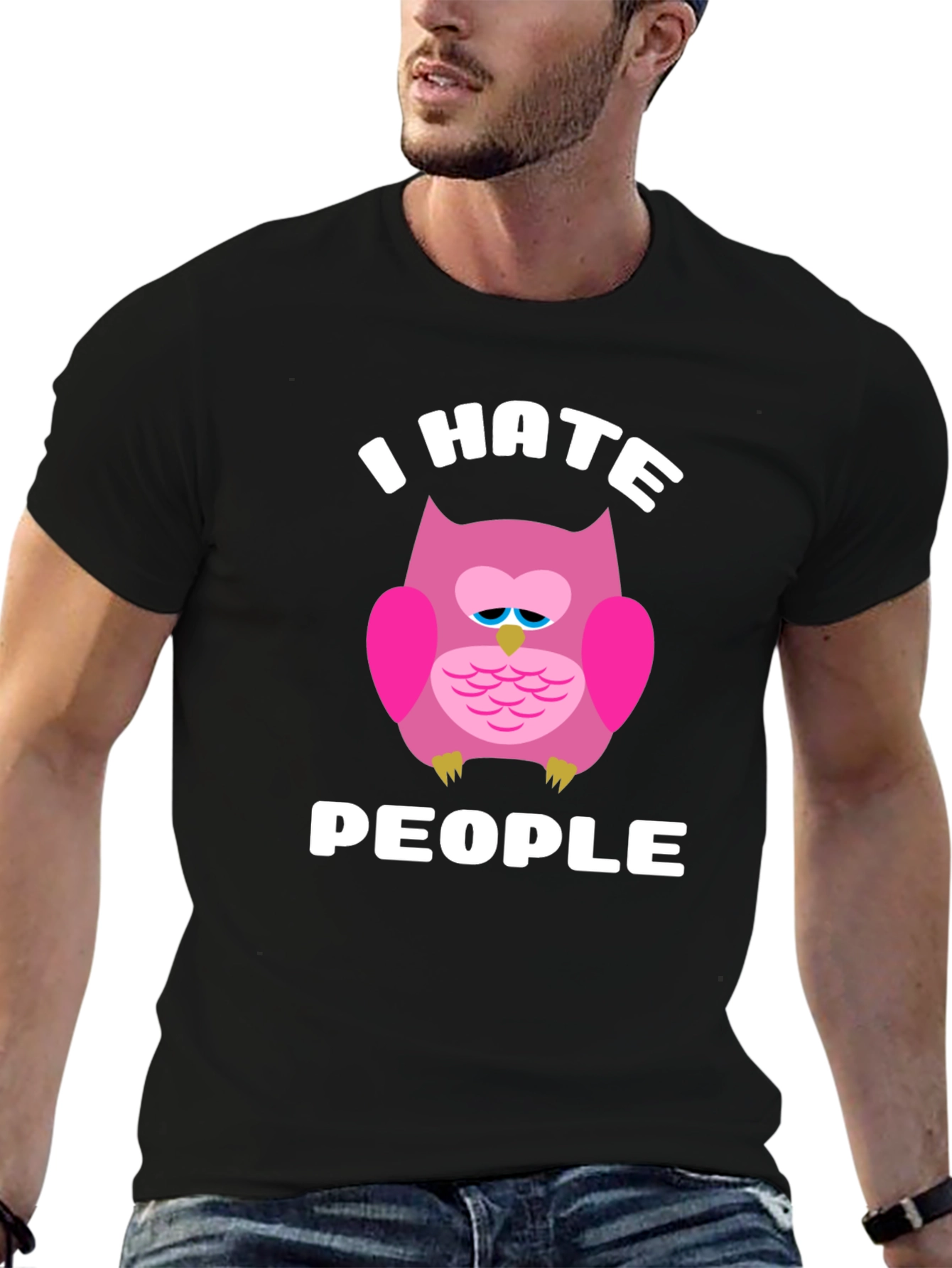 I Hate People Owl Graphic T-Shirt - Black
