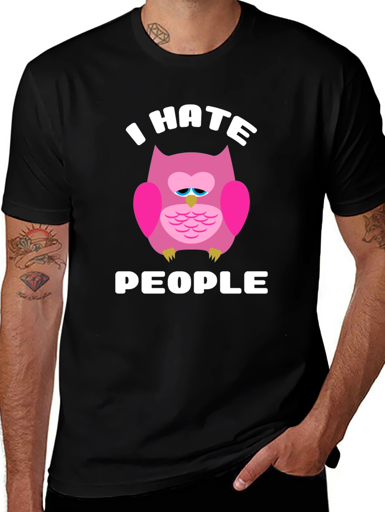 I Hate People Owl Graphic T-Shirt - Black
