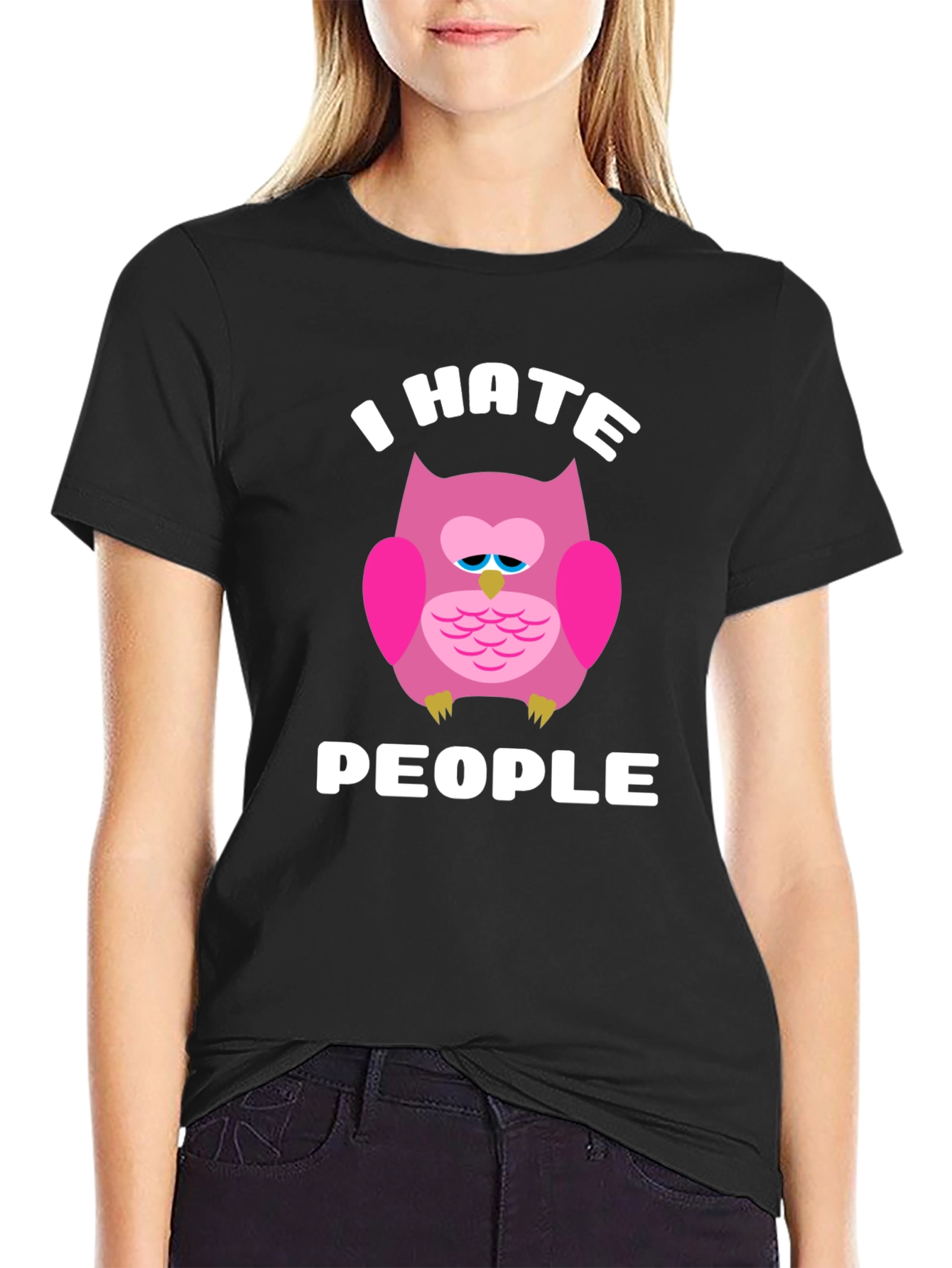 I Hate People Owl Graphic T-Shirt - Black