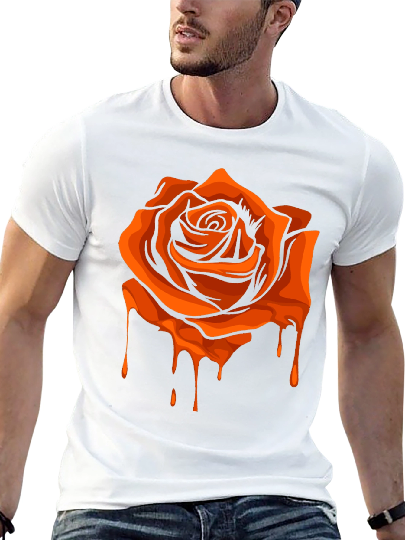 Black T-Shirt with Orange Dripping Rose Graphic
