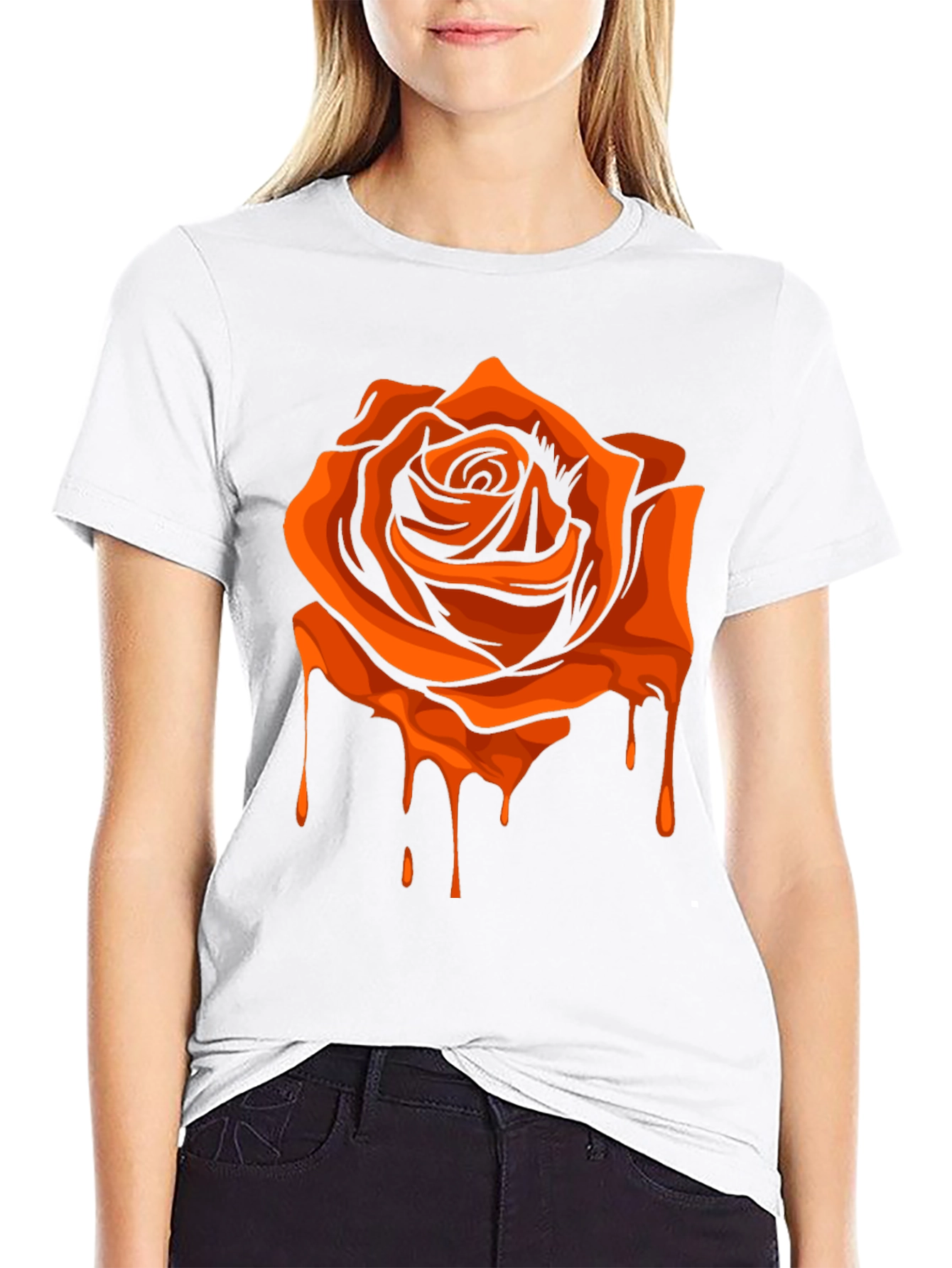 Black T-Shirt with Orange Dripping Rose Graphic