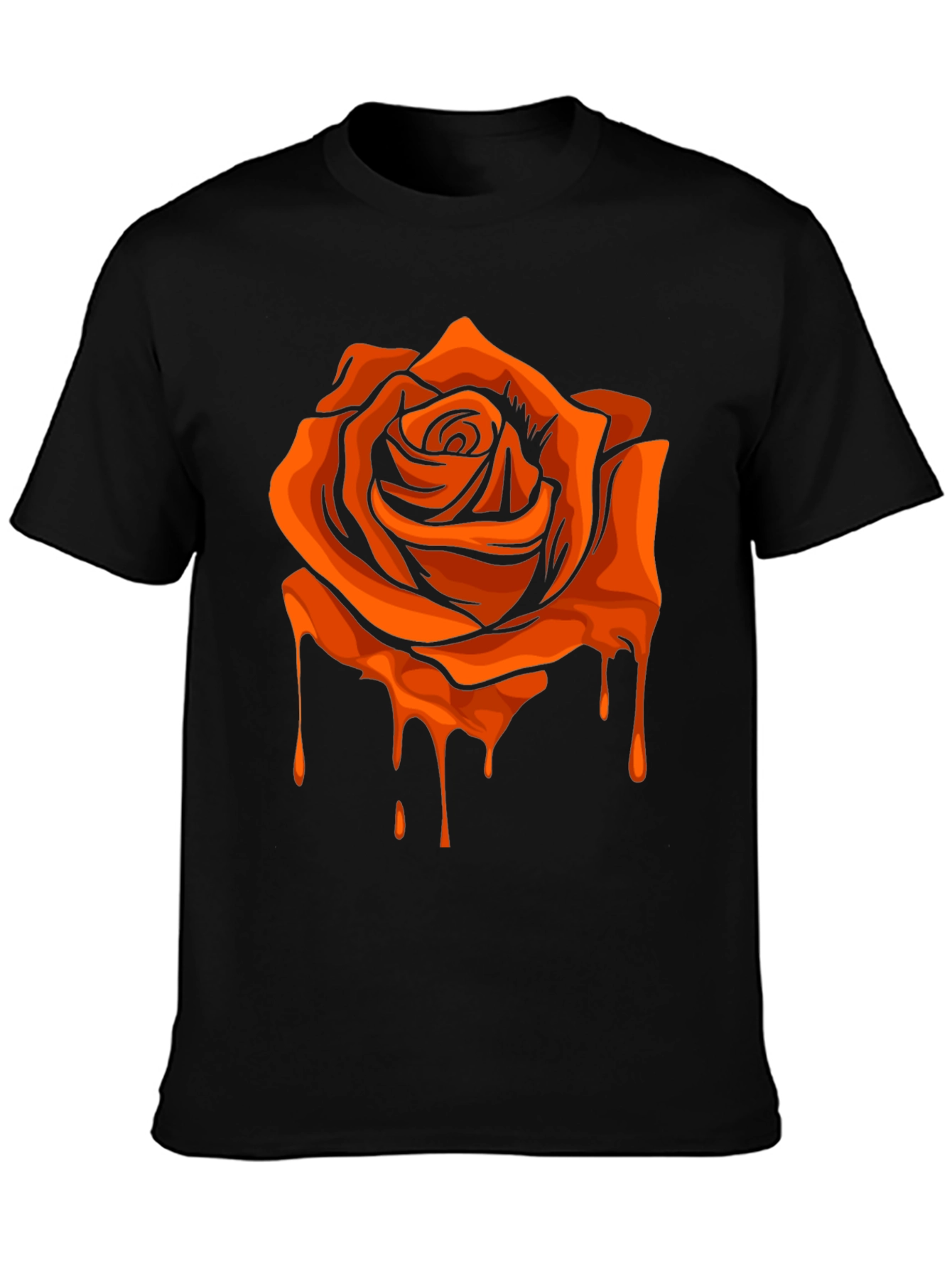 Black T-Shirt with Orange Dripping Rose Graphic
