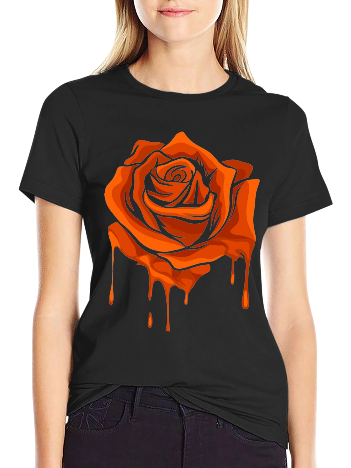 Black T-Shirt with Orange Dripping Rose Graphic