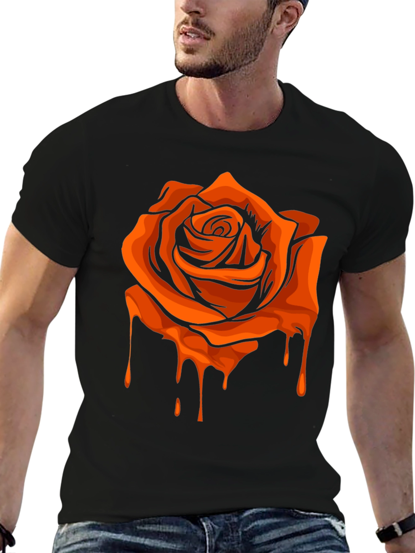 Black T-Shirt with Orange Dripping Rose Graphic