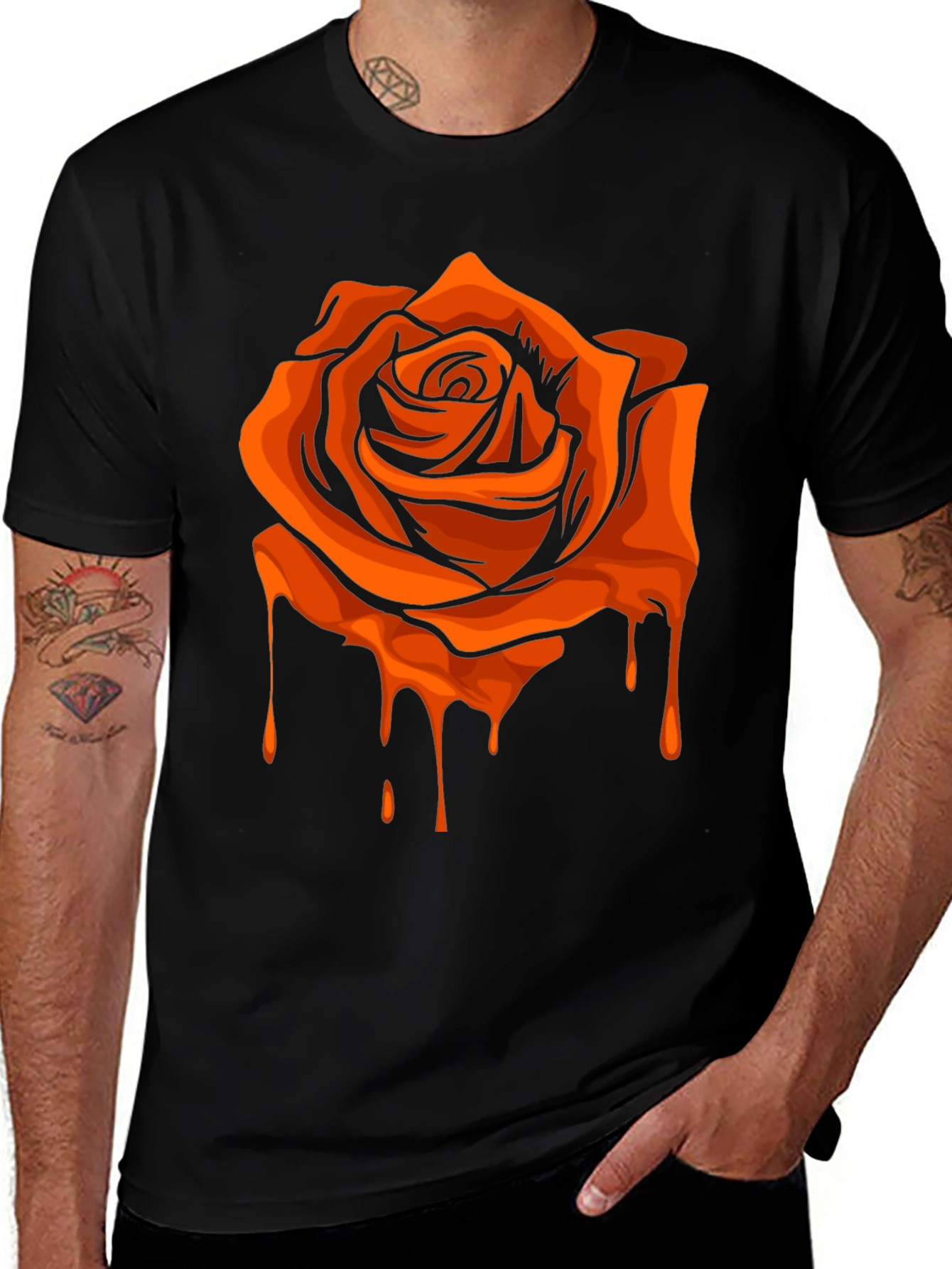 Black T-Shirt with Orange Dripping Rose Graphic
