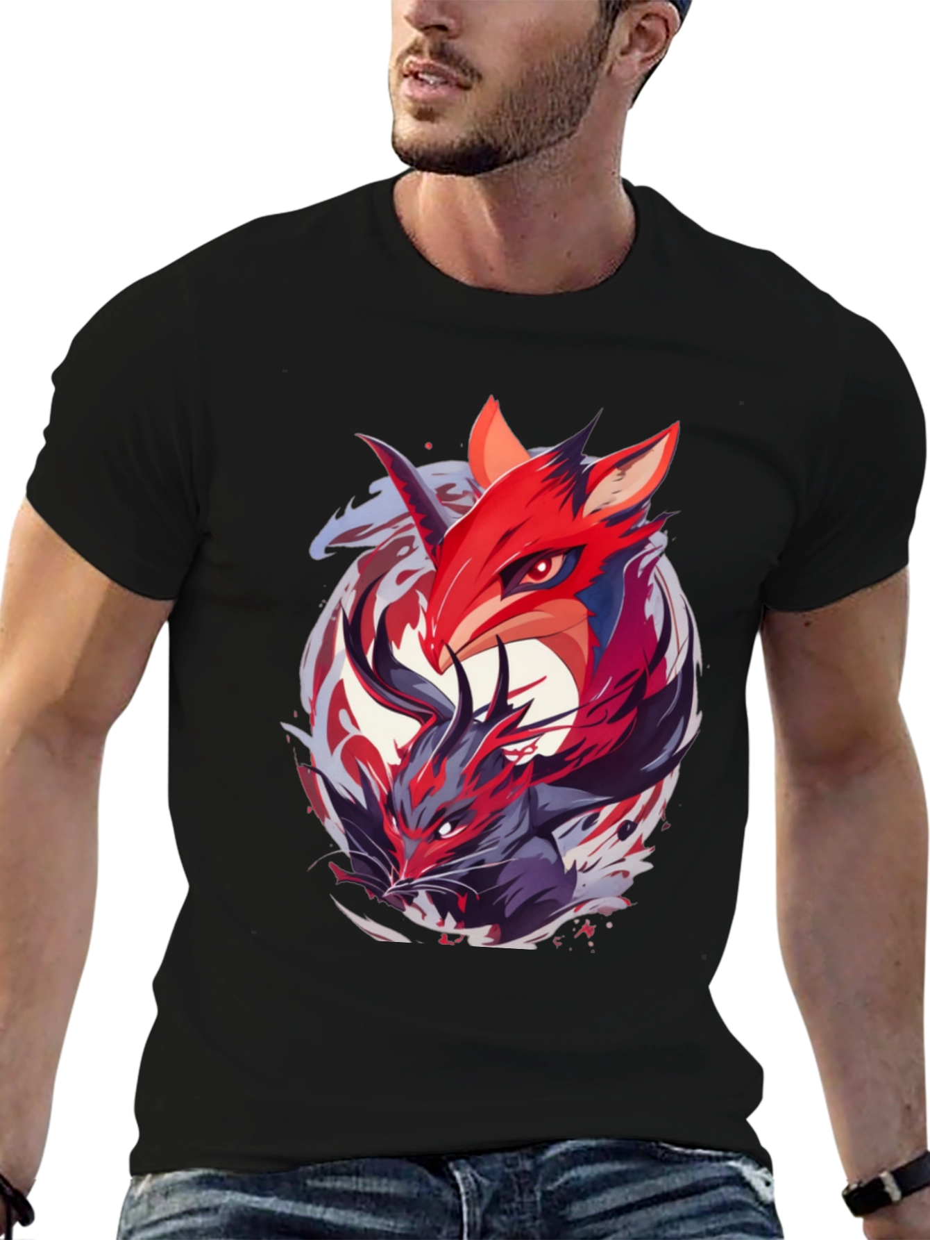 Anime Fox Graphic Tee - Black T-Shirt