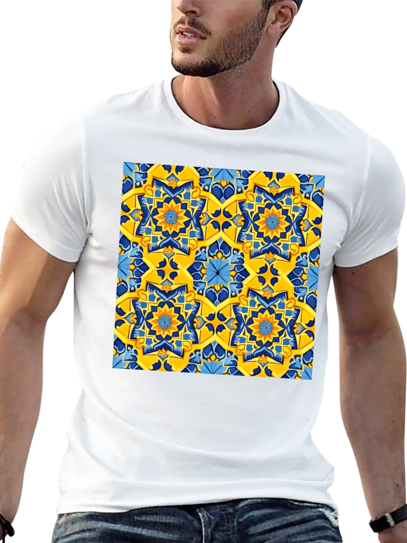 Geometric Pattern T-Shirt - Vivid Yellow & Blue Design