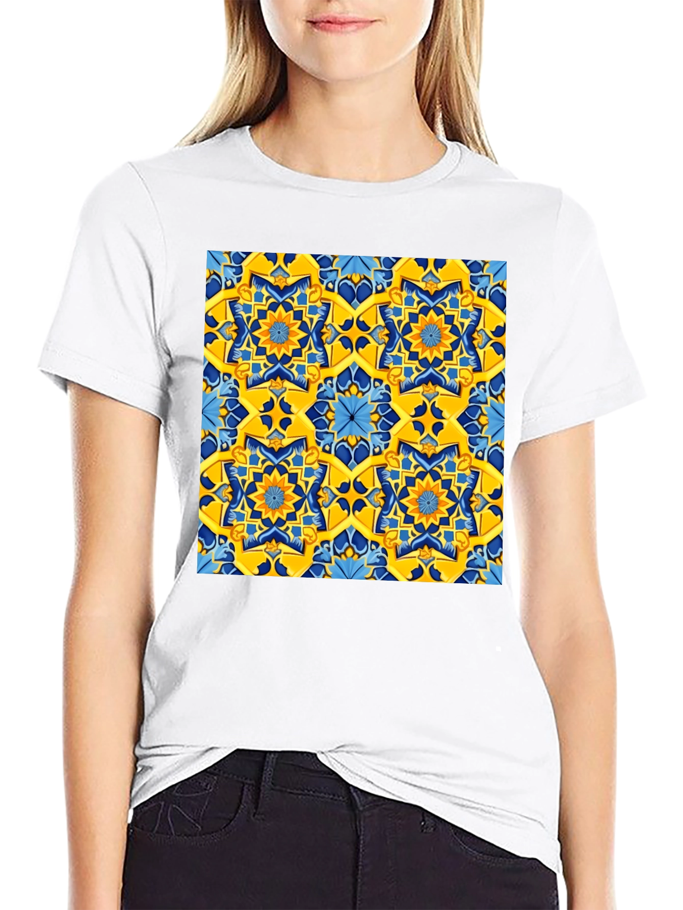 Geometric Pattern T-Shirt - Vivid Yellow & Blue Design