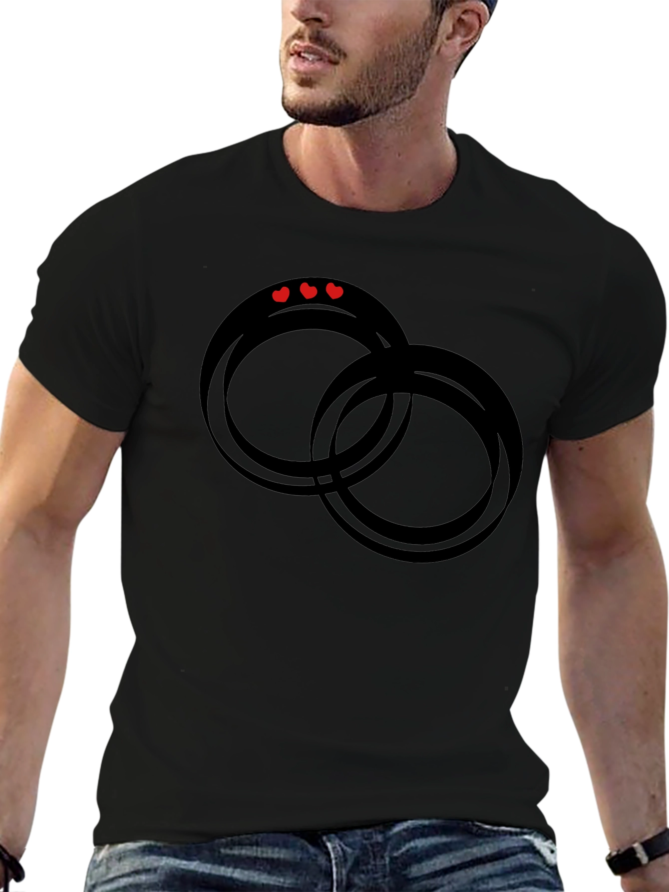 Black Graphic Tee: Rings & Hearts Design
