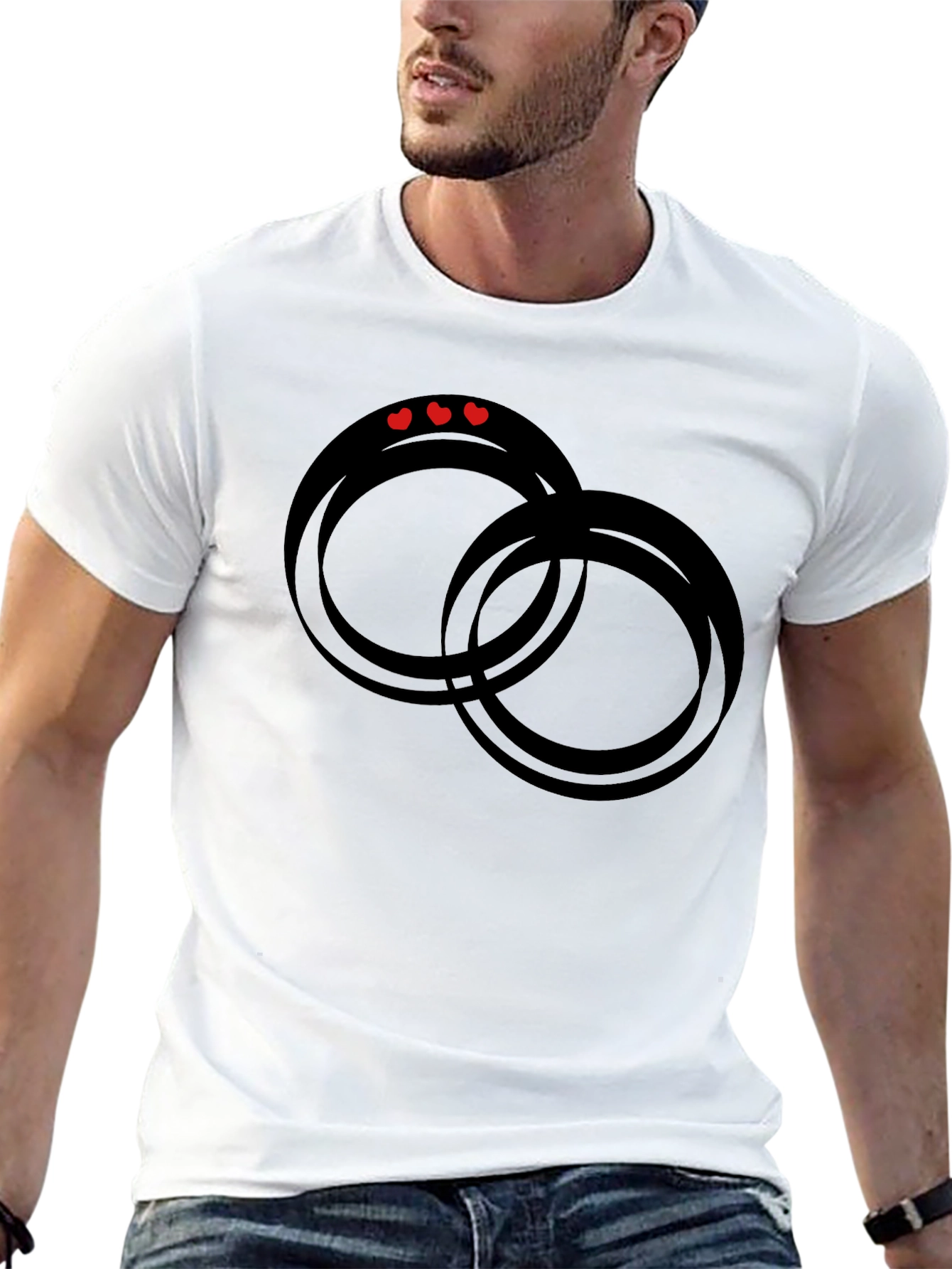 Black Graphic Tee: Rings & Hearts Design