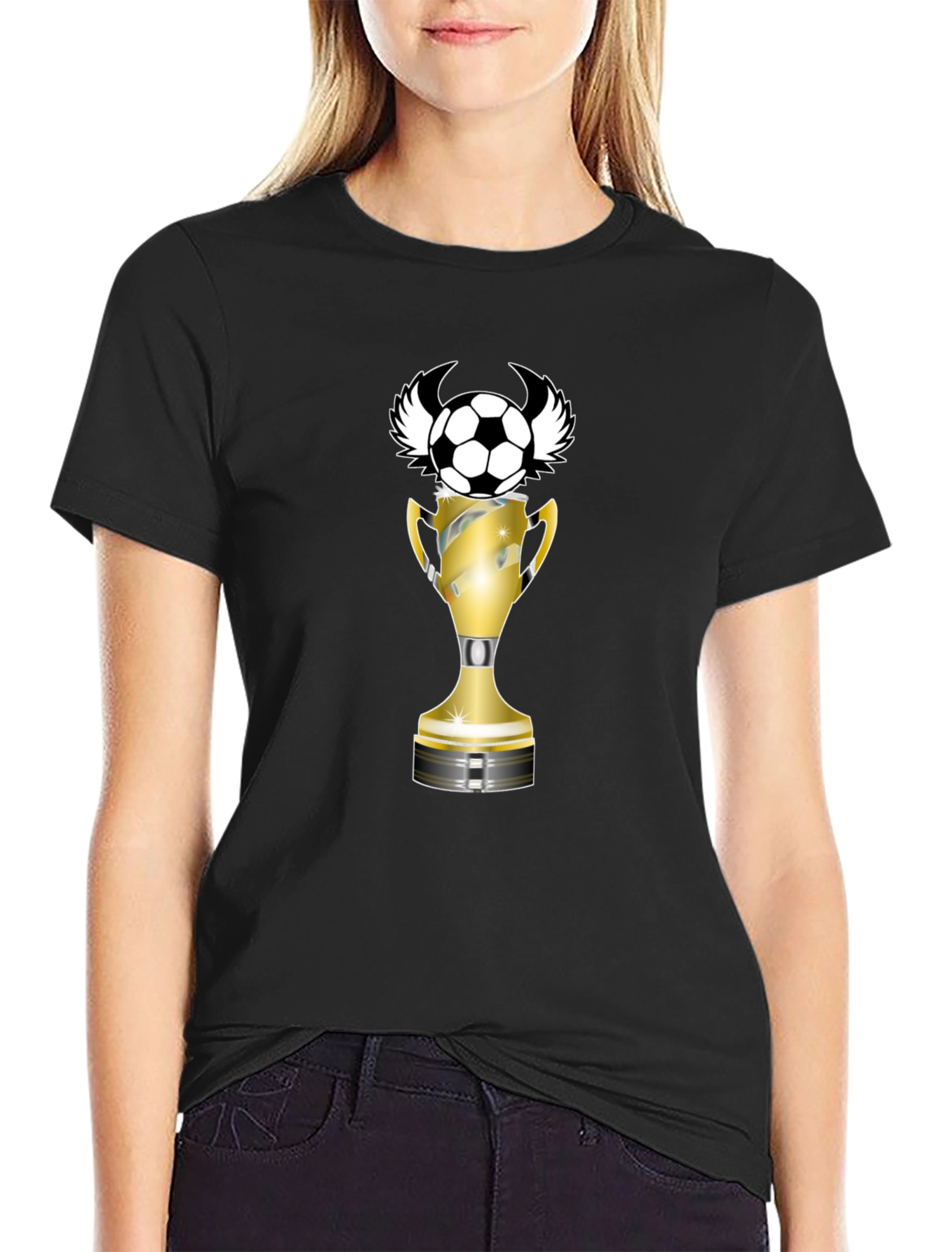 Black T-Shirt with Soccer Ball Trophy Design