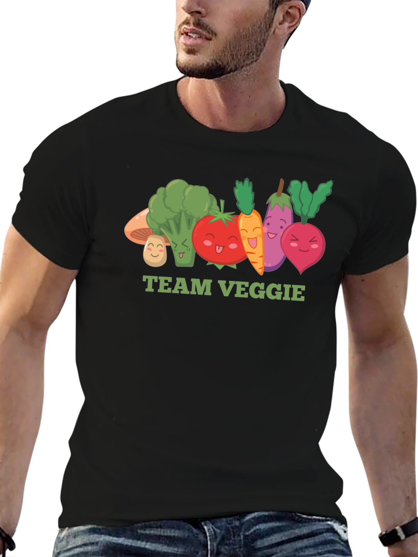Team Veggie Black T-Shirt - Cartoon Vegetable Design