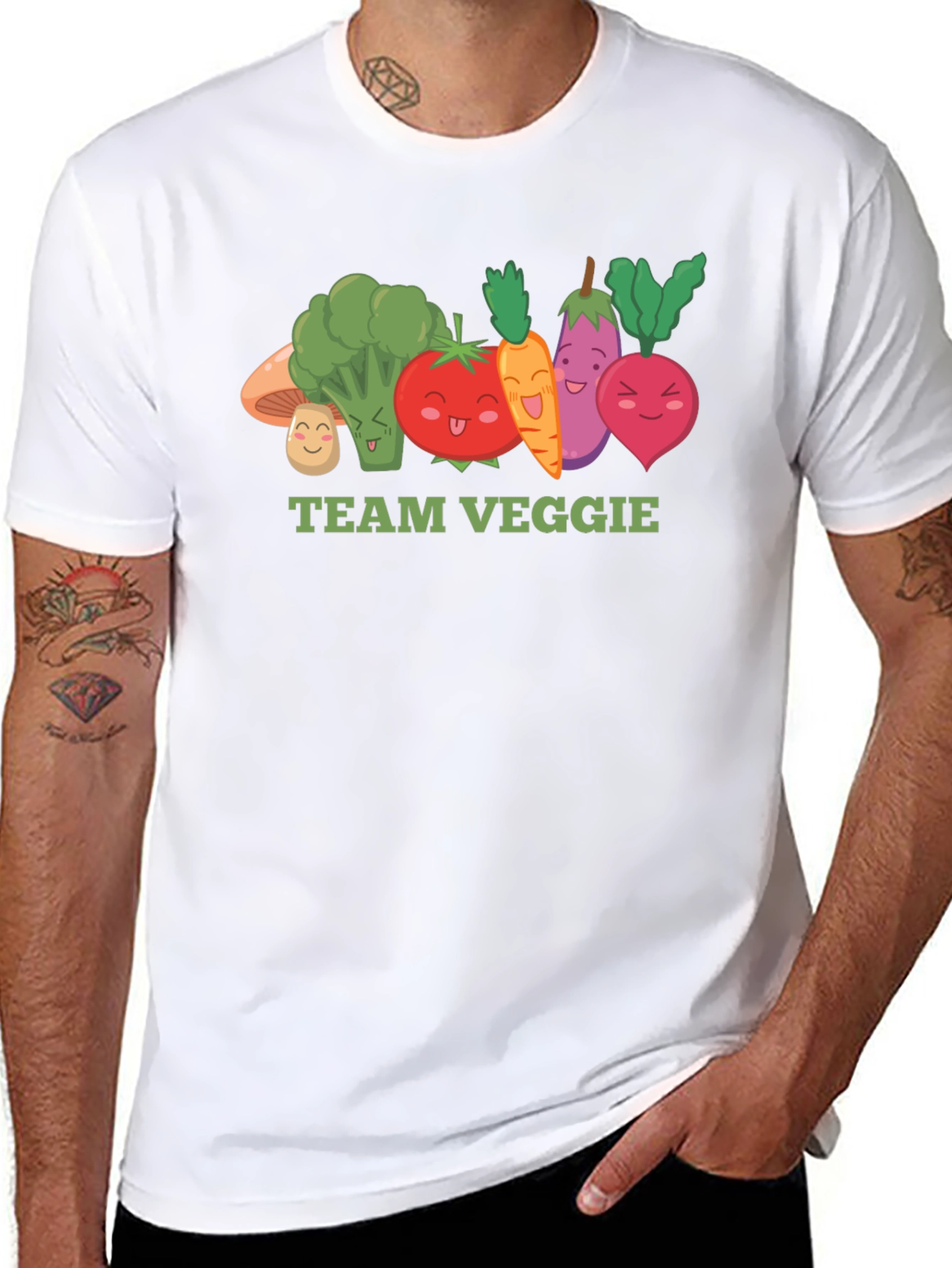 Team Veggie Black T-Shirt - Cartoon Vegetable Design