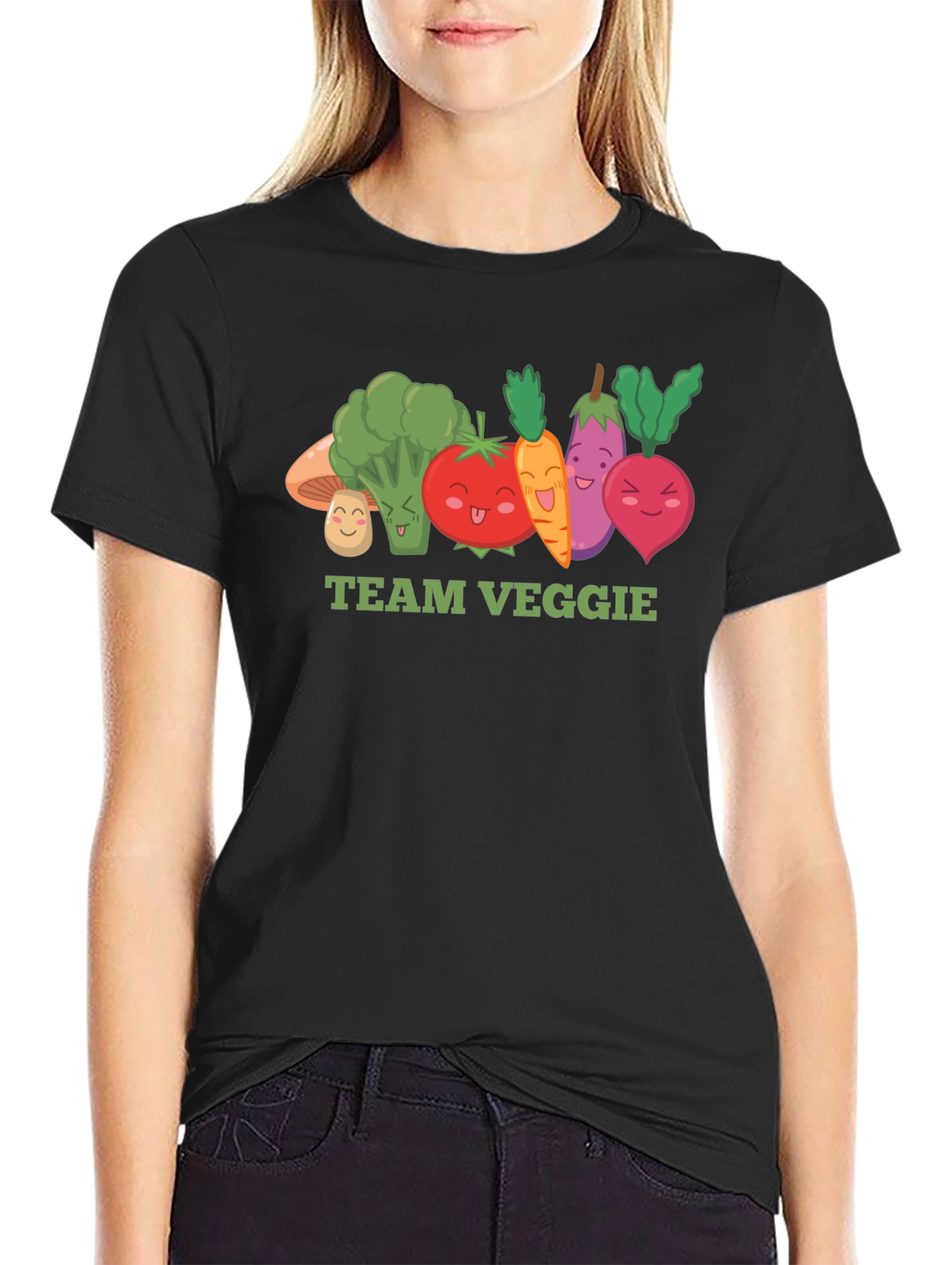 Team Veggie Black T-Shirt - Cartoon Vegetable Design