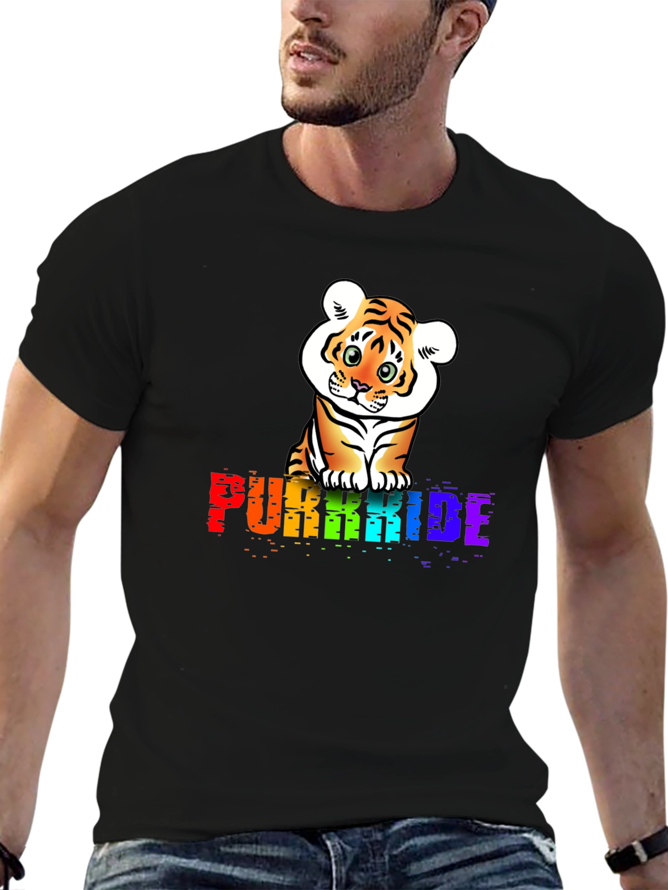 Purrkide Black T-Shirt with Tiger Graphic