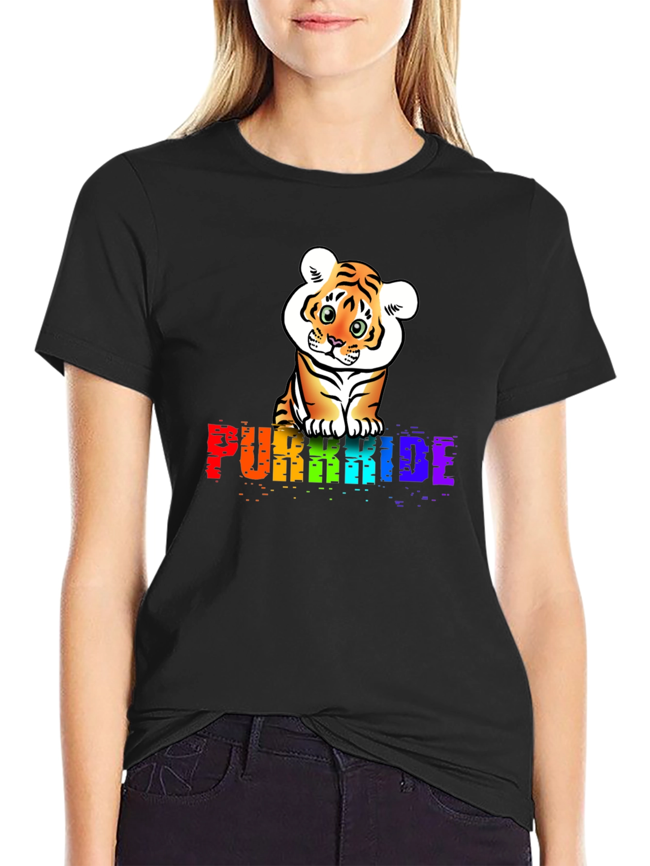 Purrkide Black T-Shirt with Tiger Graphic