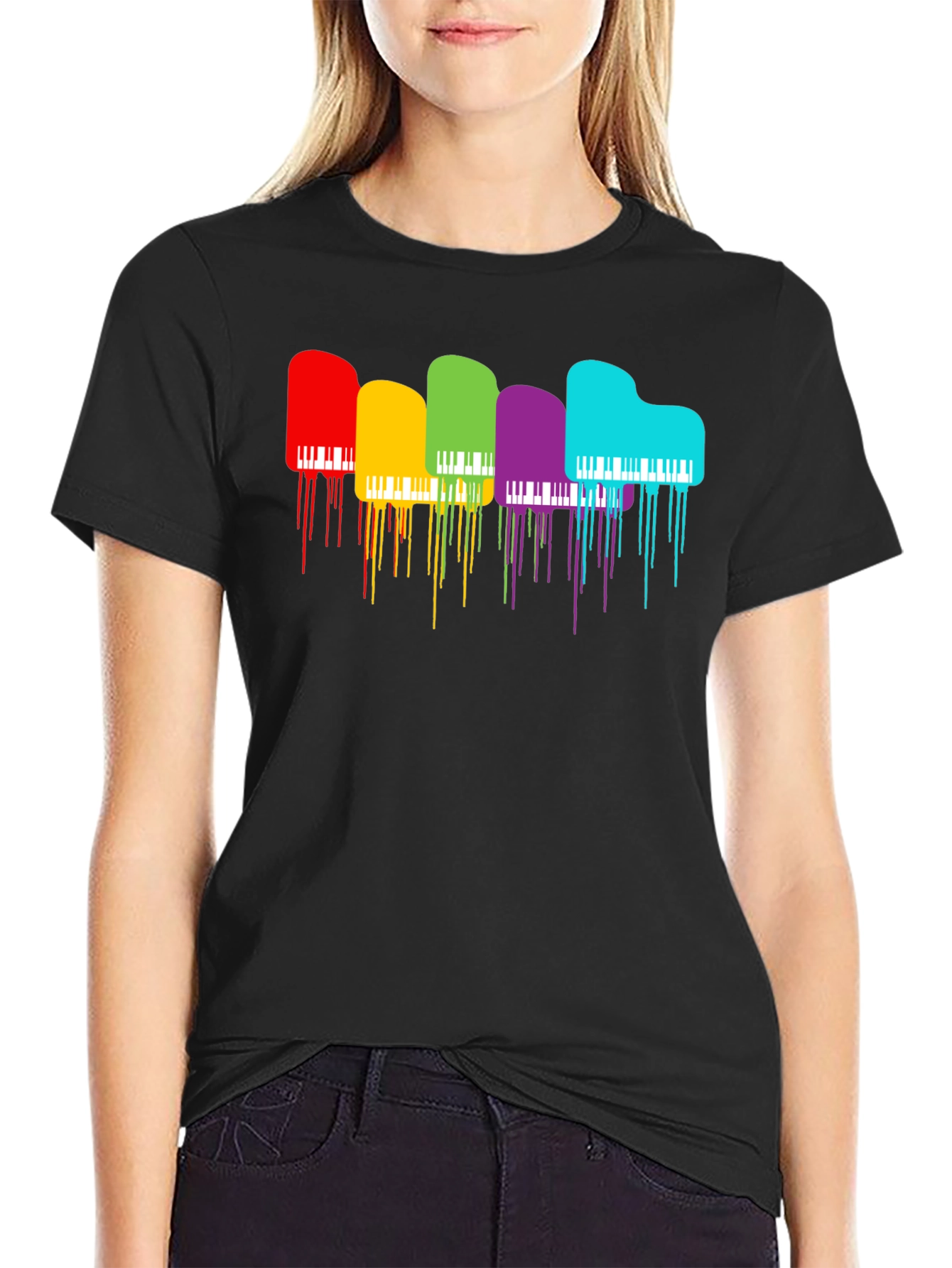 Rainbow Piano Drip Graphic T-Shirt - Black