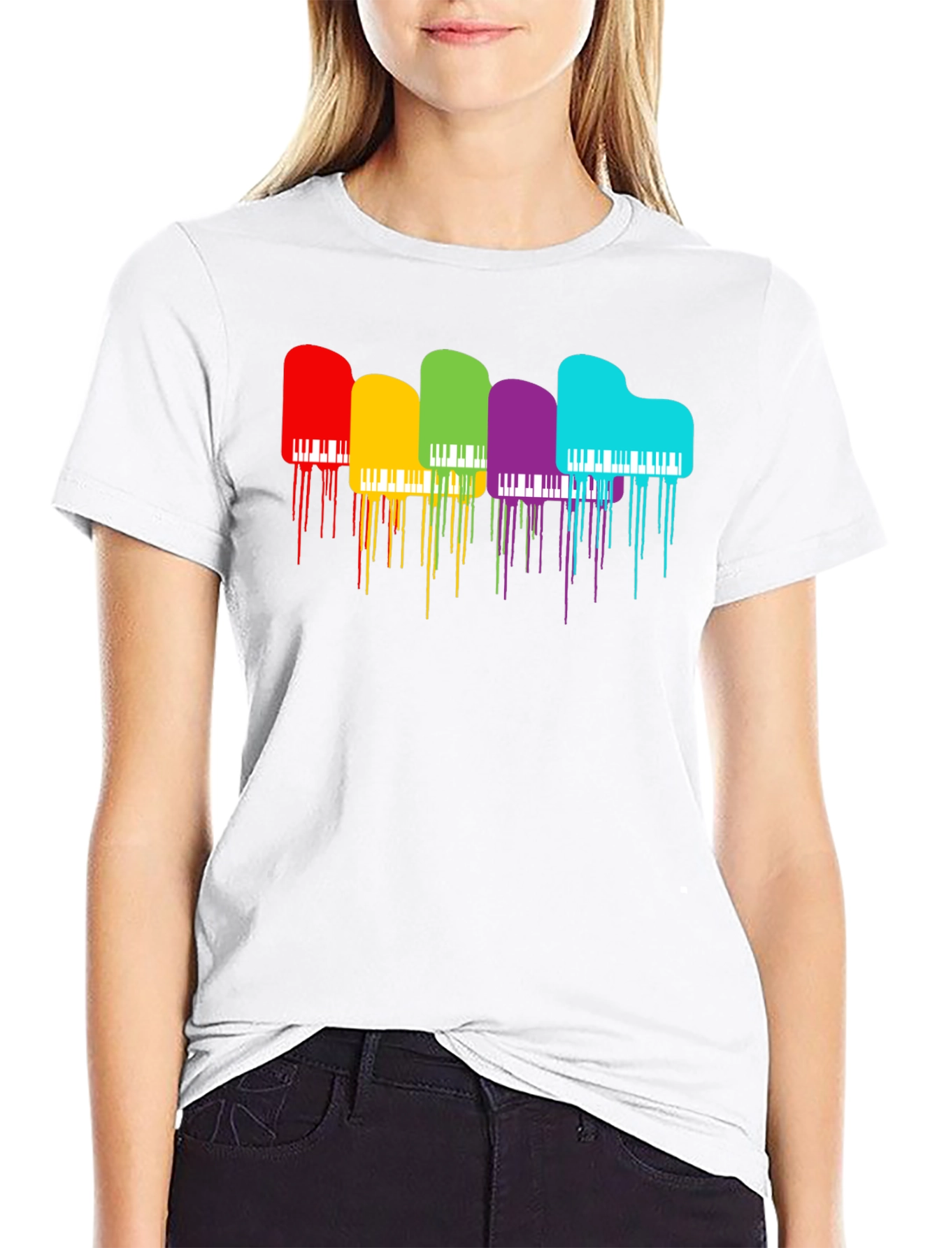Rainbow Piano Drip Graphic T-Shirt - Black
