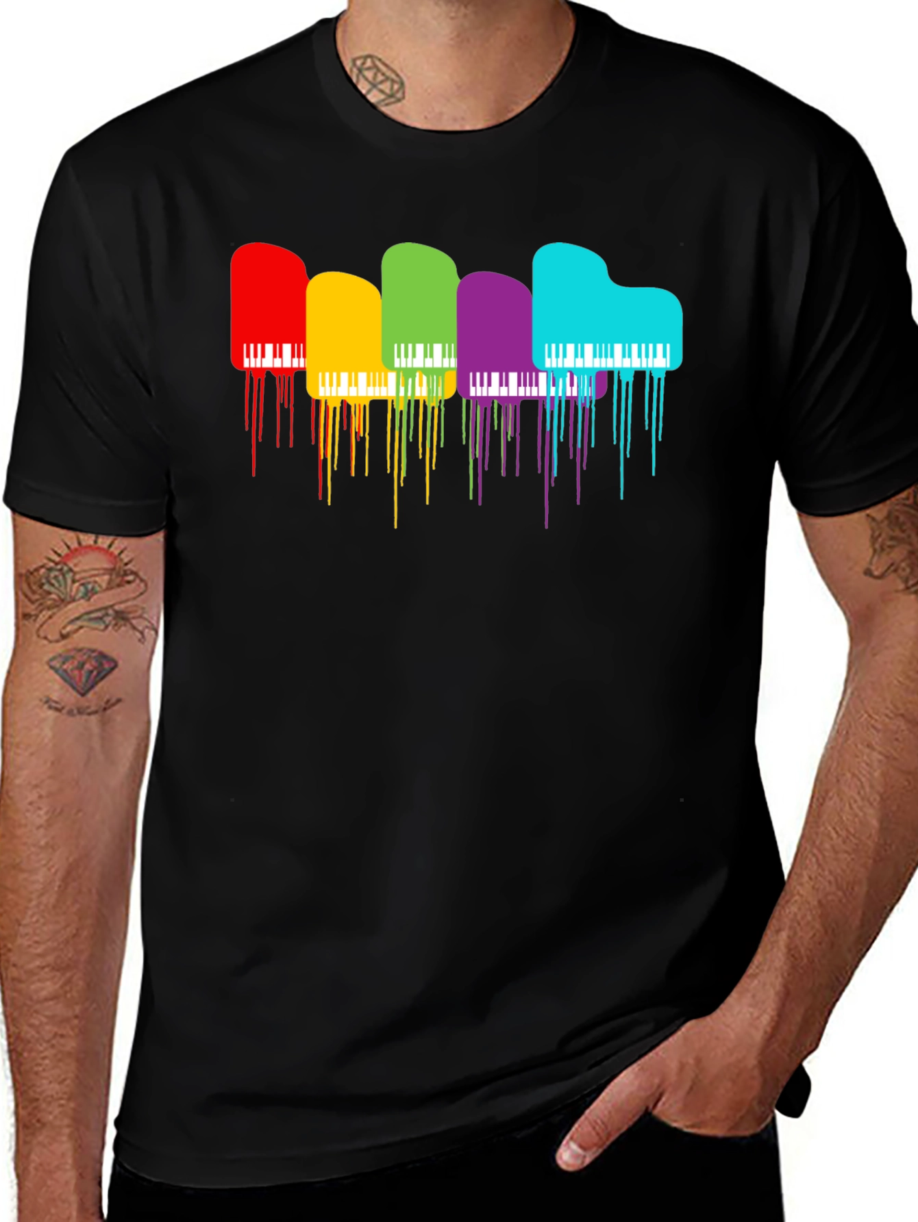 Rainbow Piano Drip Graphic T-Shirt - Black
