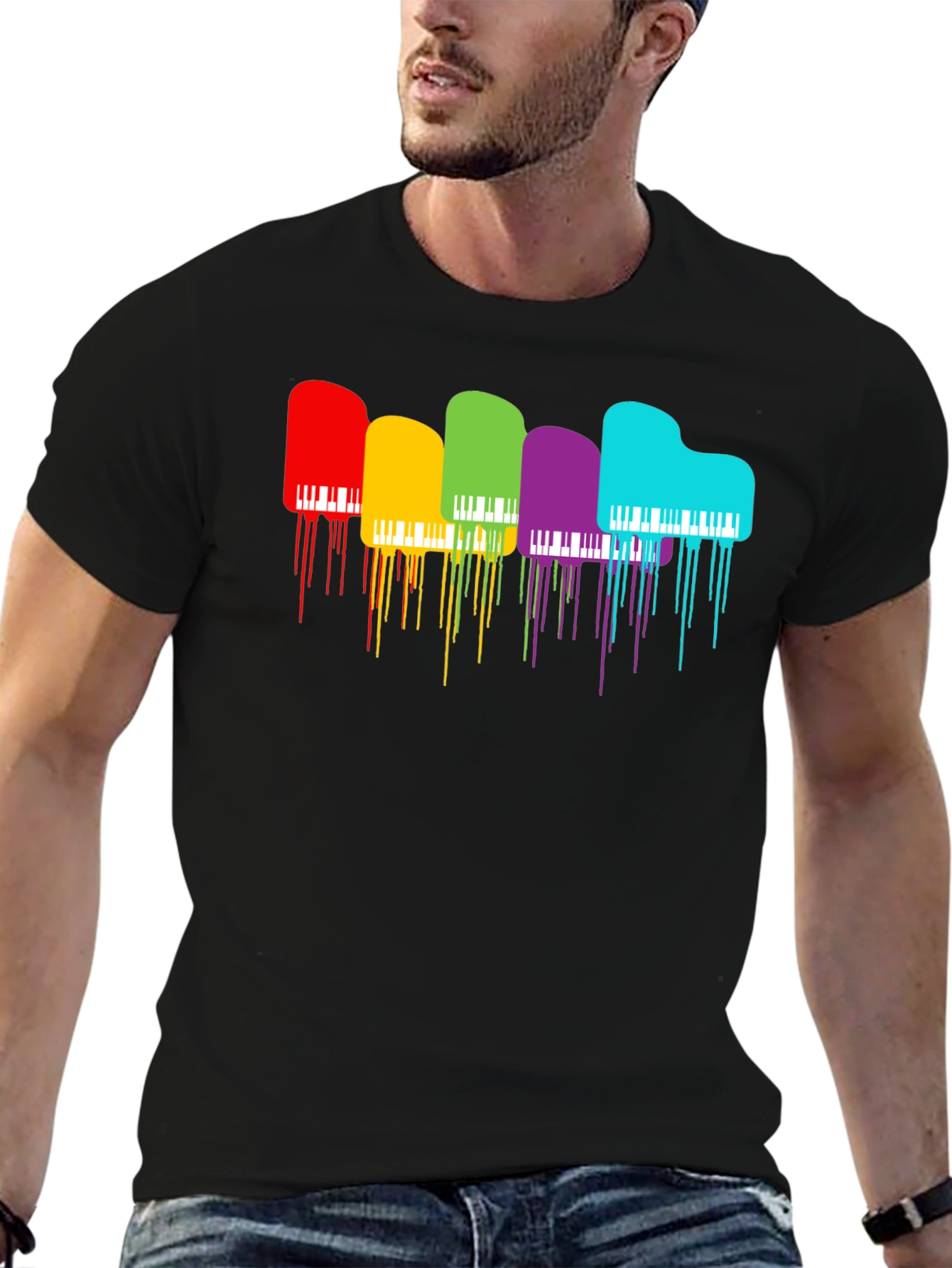 Rainbow Piano Drip Graphic T-Shirt - Black