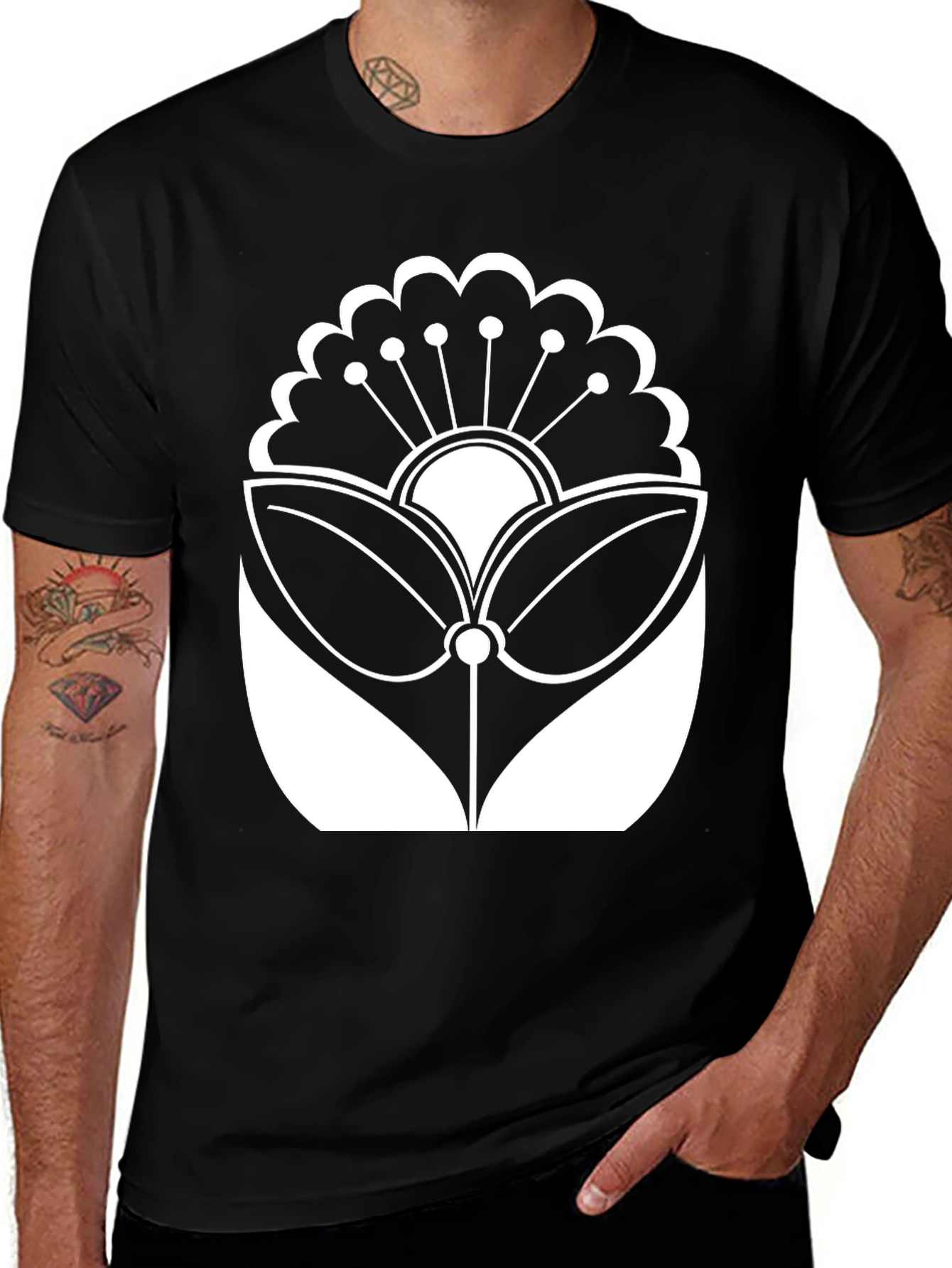 Black T-Shirt with White Floral Design