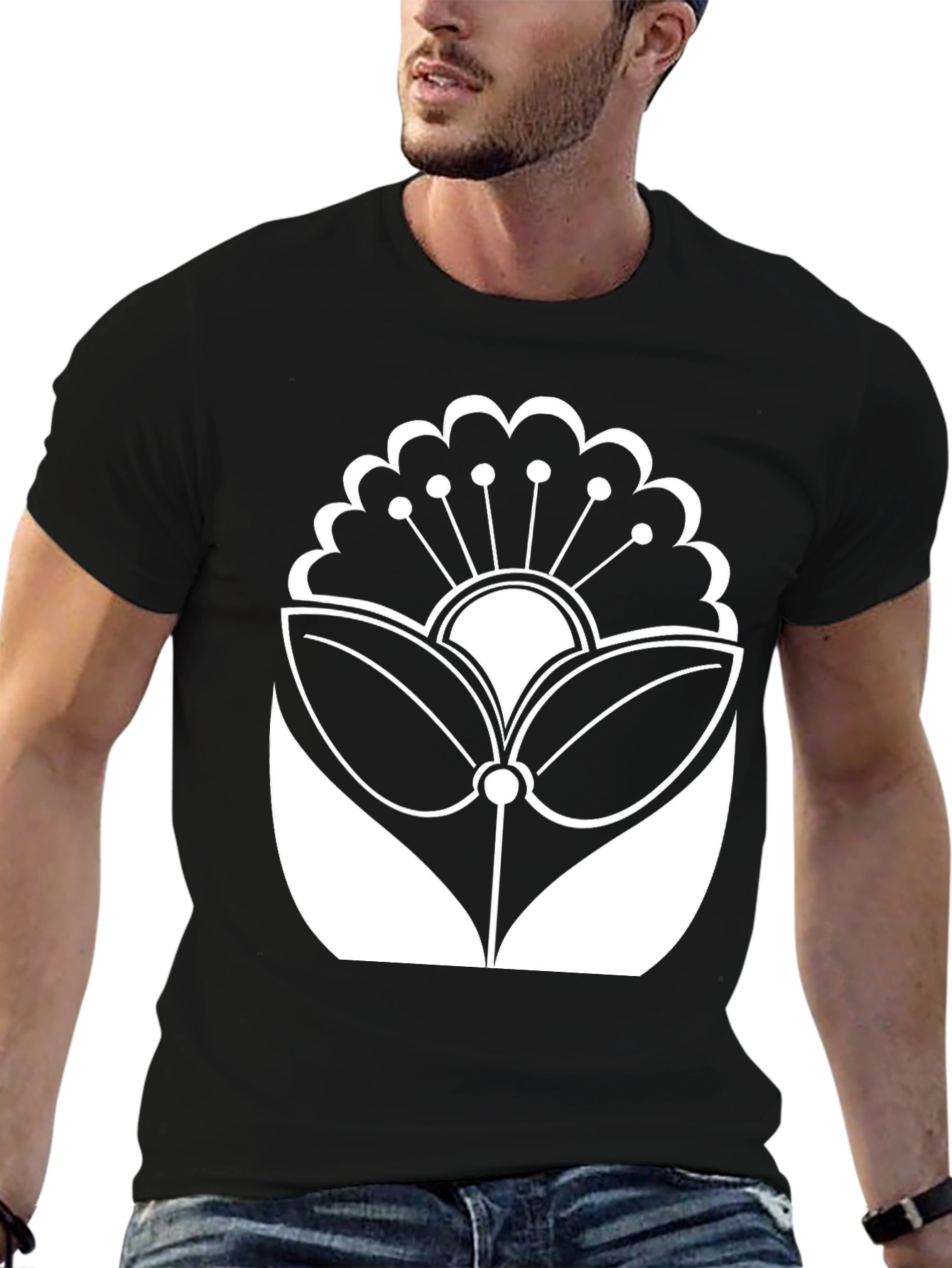 Black T-Shirt with White Floral Design