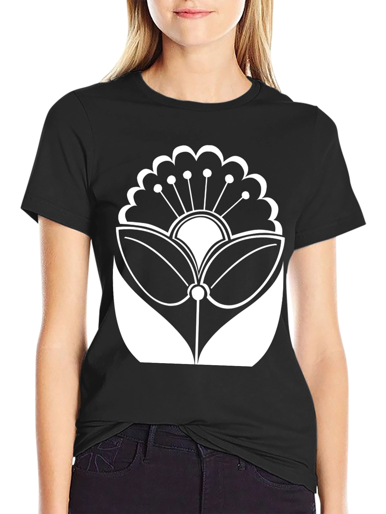 Black T-Shirt with White Floral Design