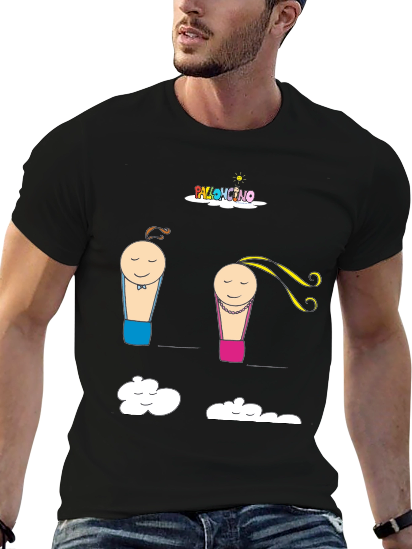Cartoon Couple Cloud Print Black T-Shirt
