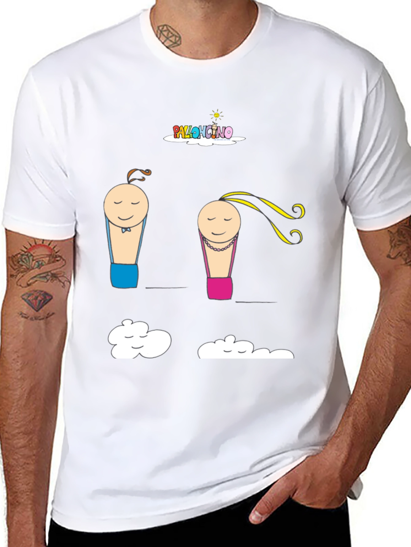 Cartoon Couple Cloud Print Black T-Shirt