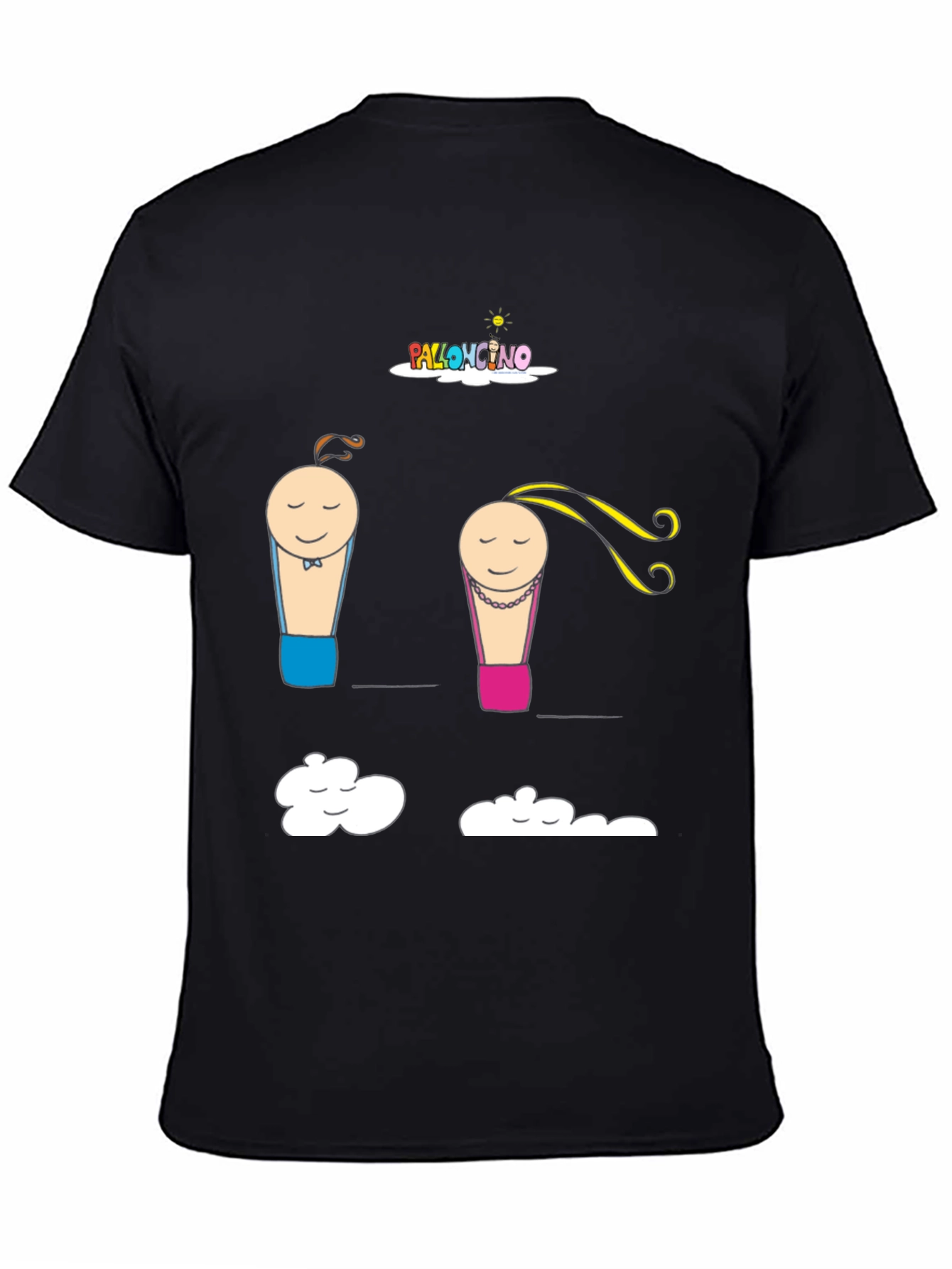 Cartoon Couple Cloud Print Black T-Shirt
