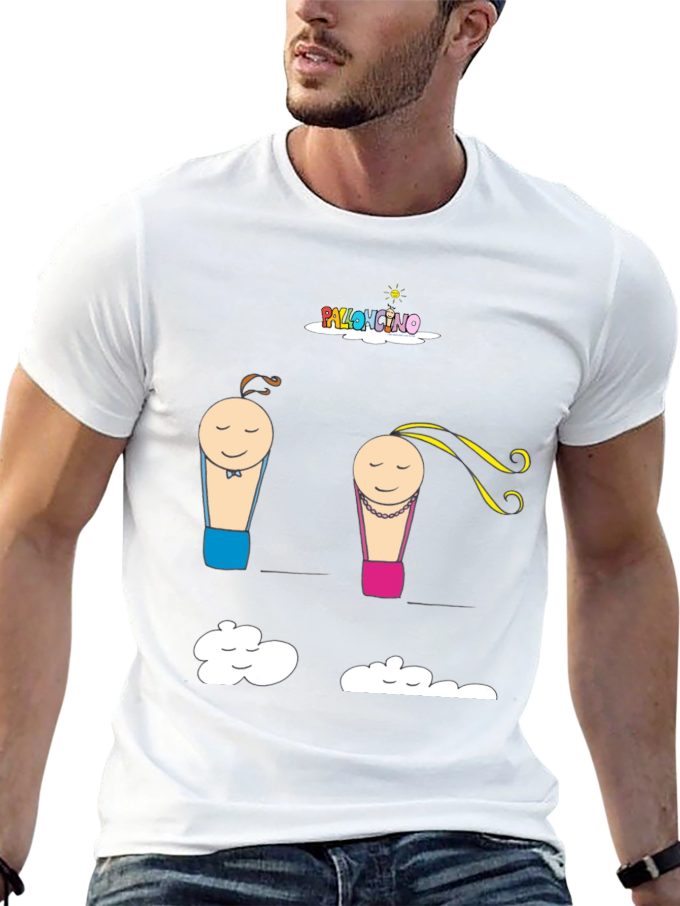 Cartoon Couple Cloud Print Black T-Shirt