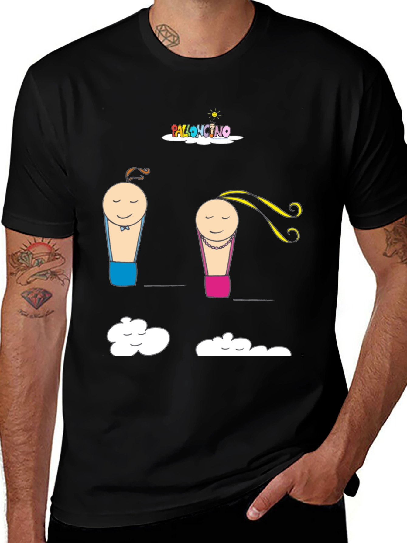 Cartoon Couple Cloud Print Black T-Shirt