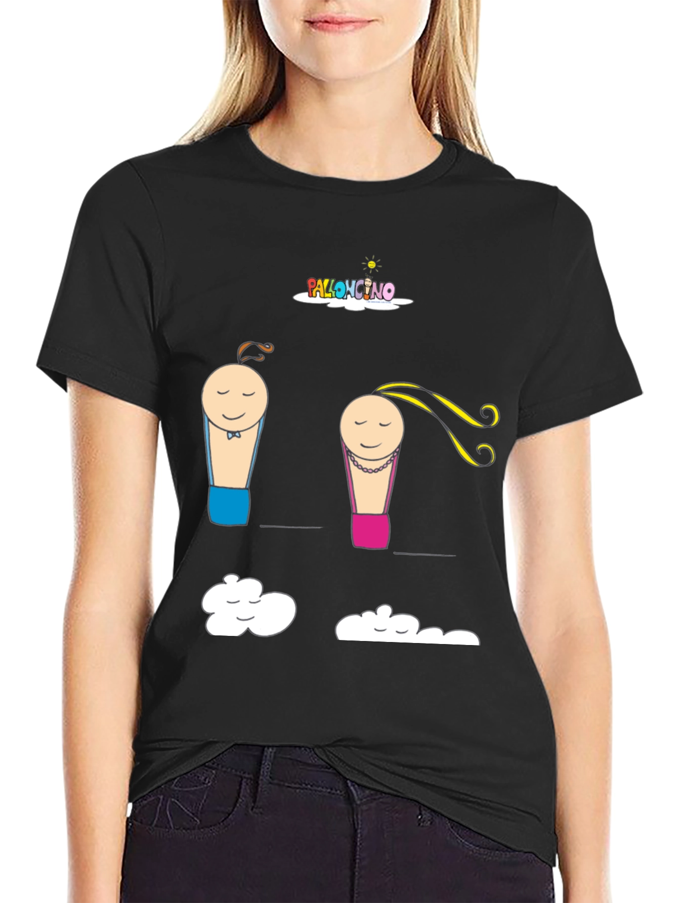 Cartoon Couple Cloud Print Black T-Shirt