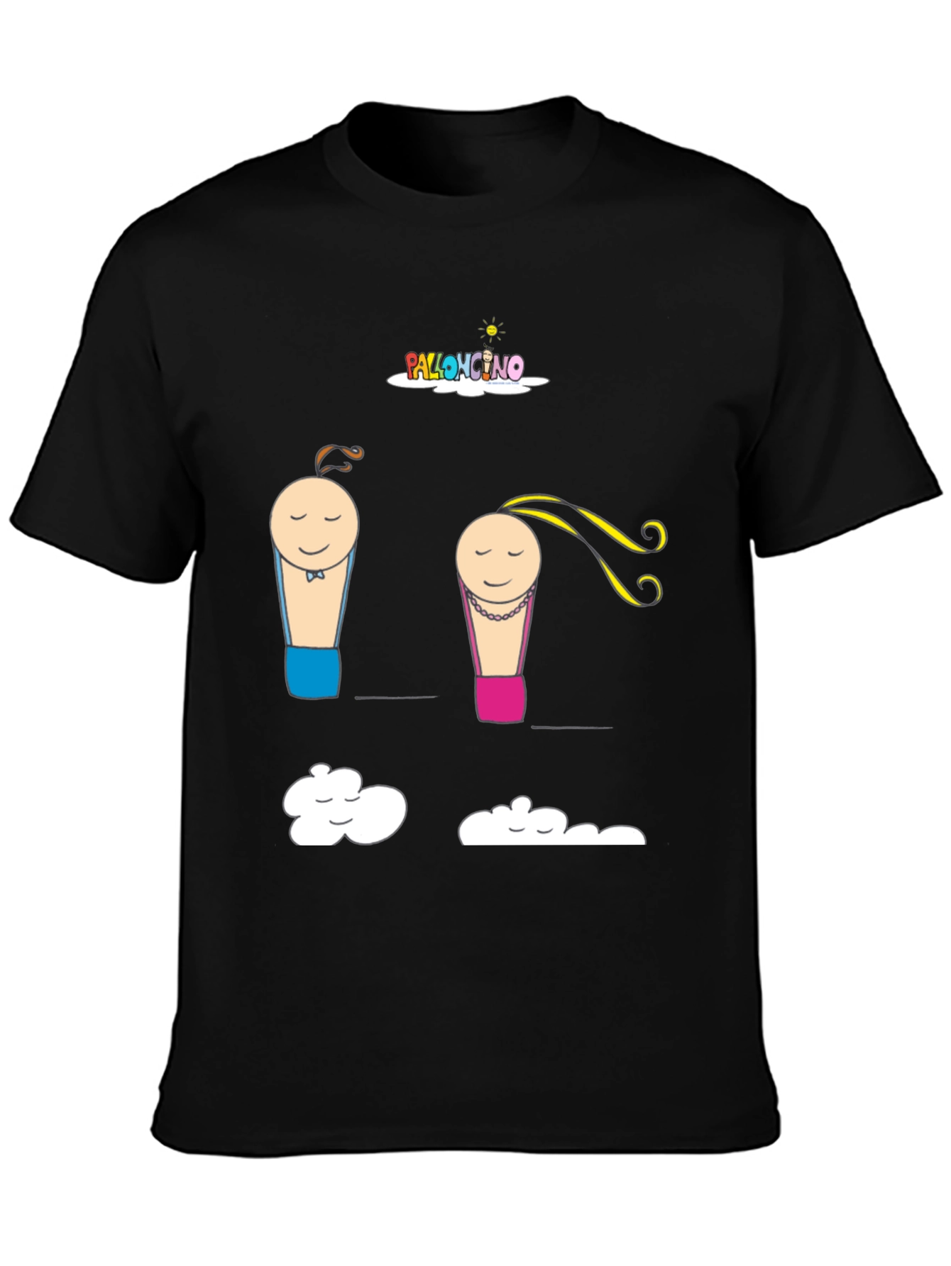 Cartoon Couple Cloud Print Black T-Shirt