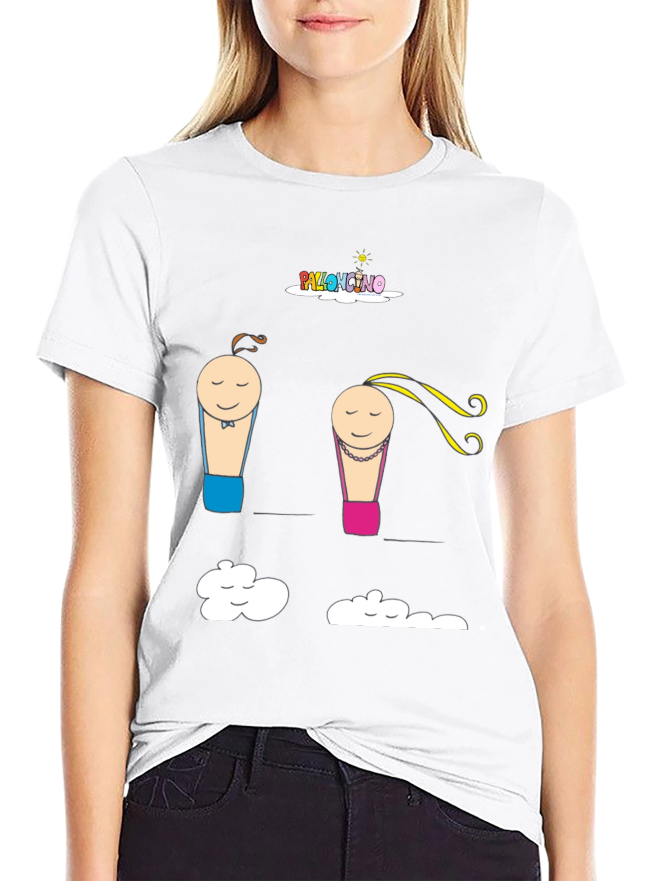 Cartoon Couple Cloud Print Black T-Shirt
