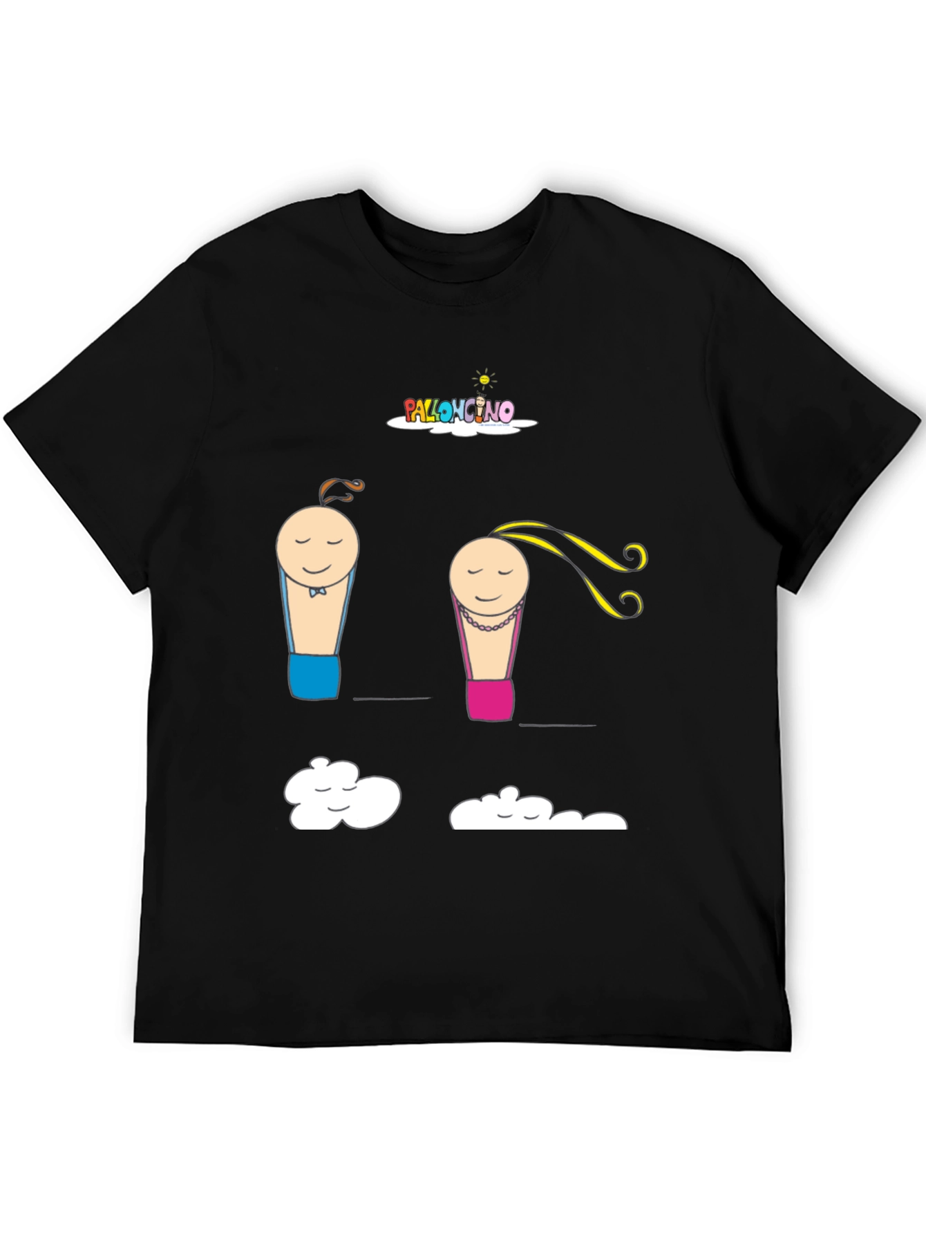 Cartoon Couple Cloud Print Black T-Shirt