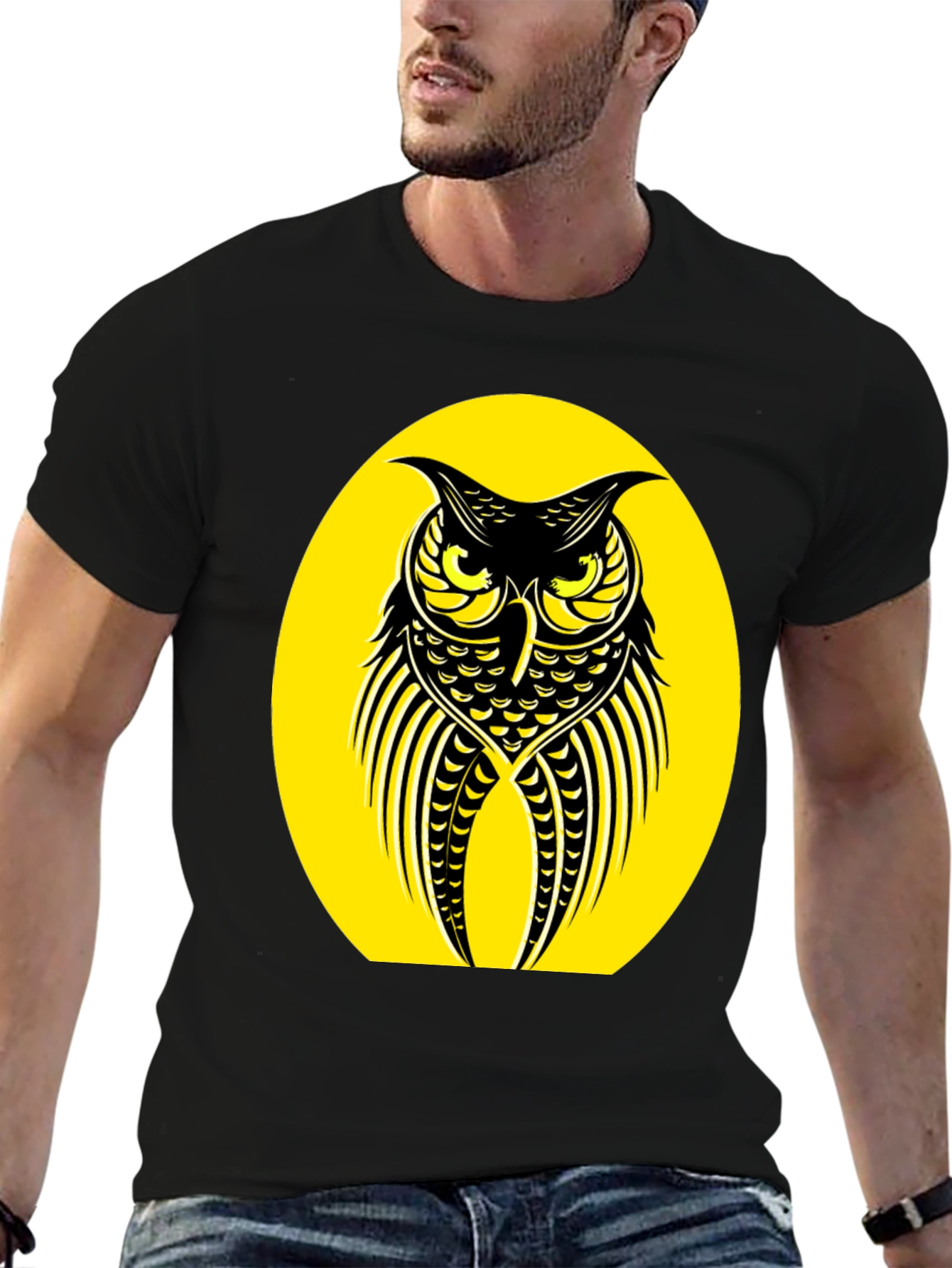 Owl Graphic Tee - Black Crew Neck T-Shirt