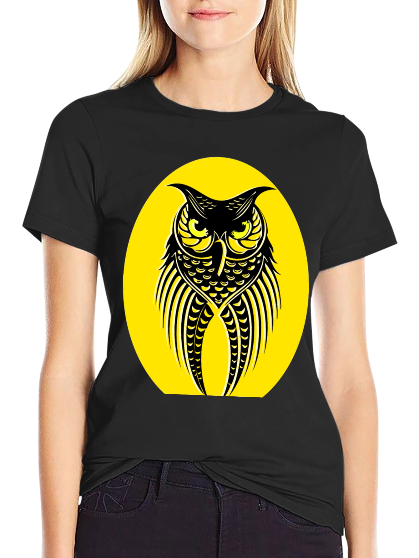 Owl Graphic Tee - Black Crew Neck T-Shirt