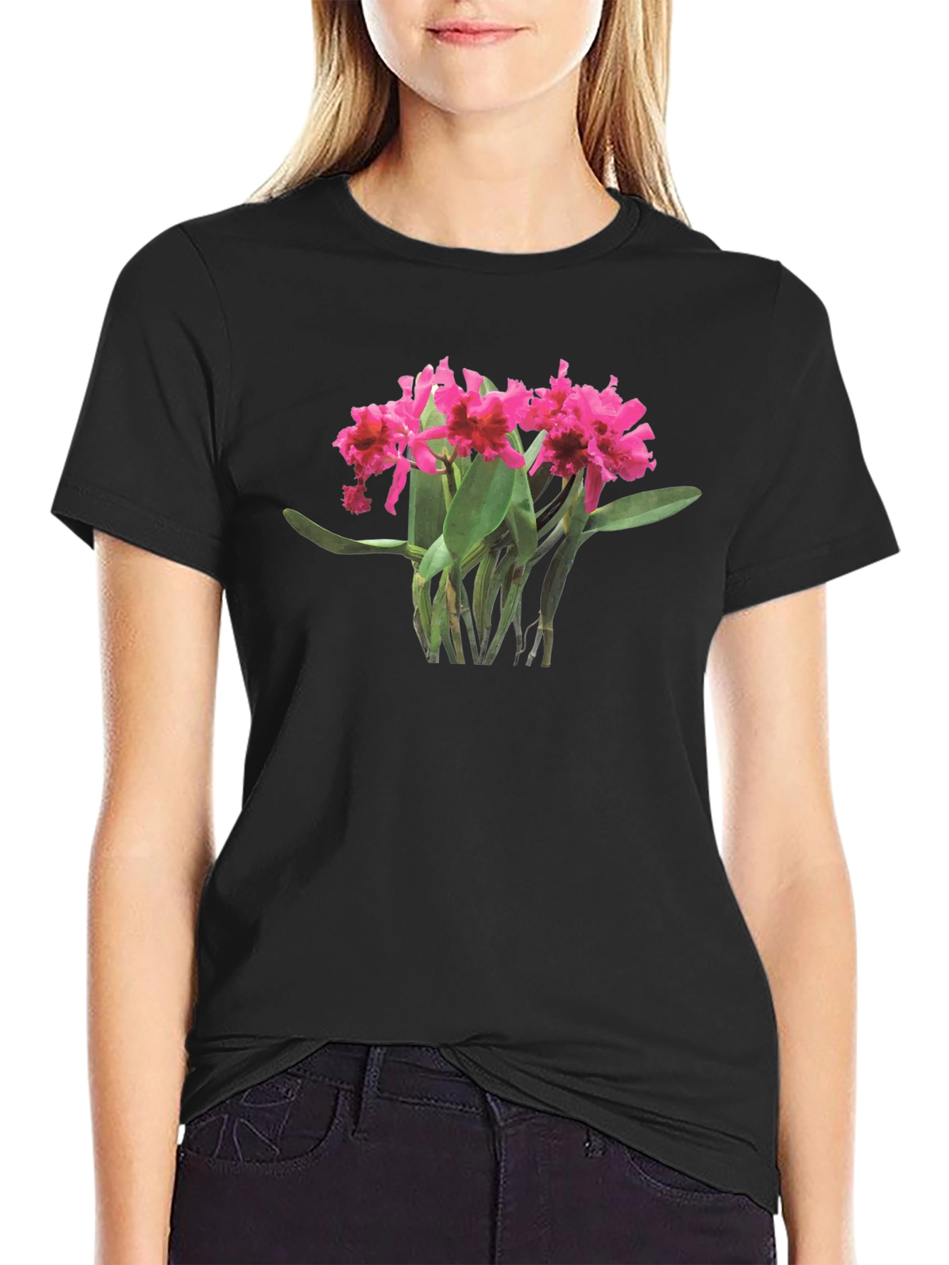 Orchid Print Black T-Shirt