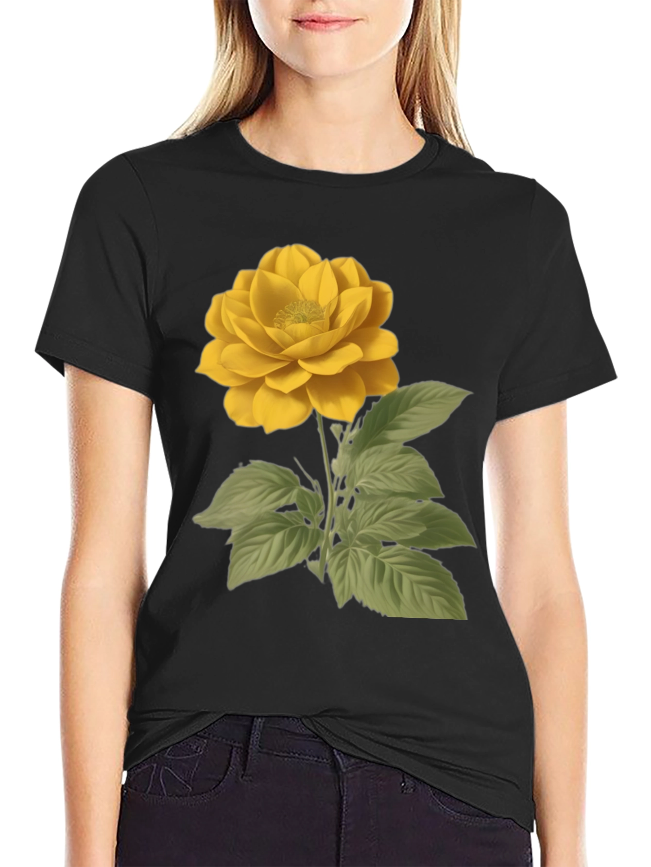 Yellow Rose Graphic Black T-Shirt
