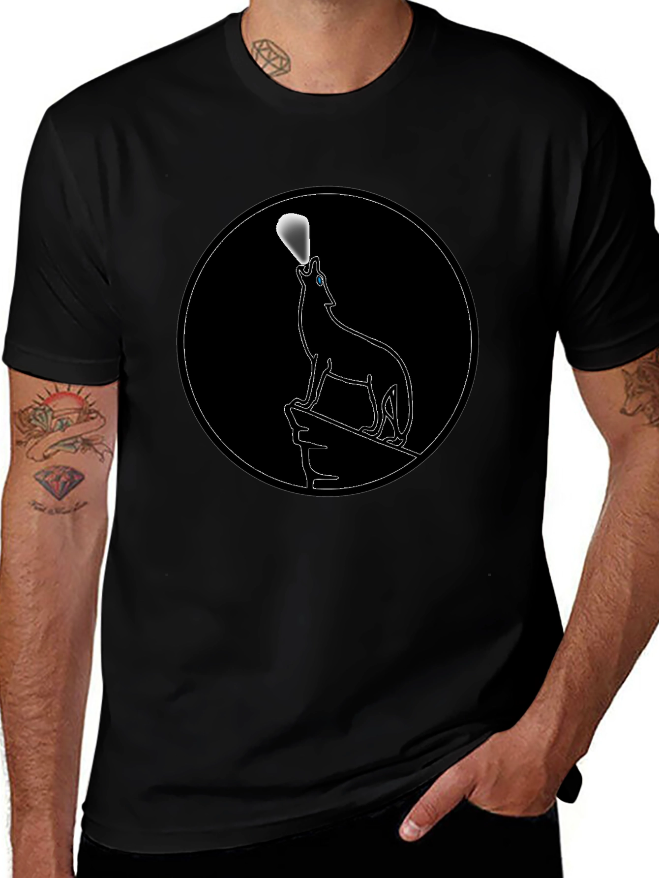 Wolf Howling at Moon Black Graphic Tee