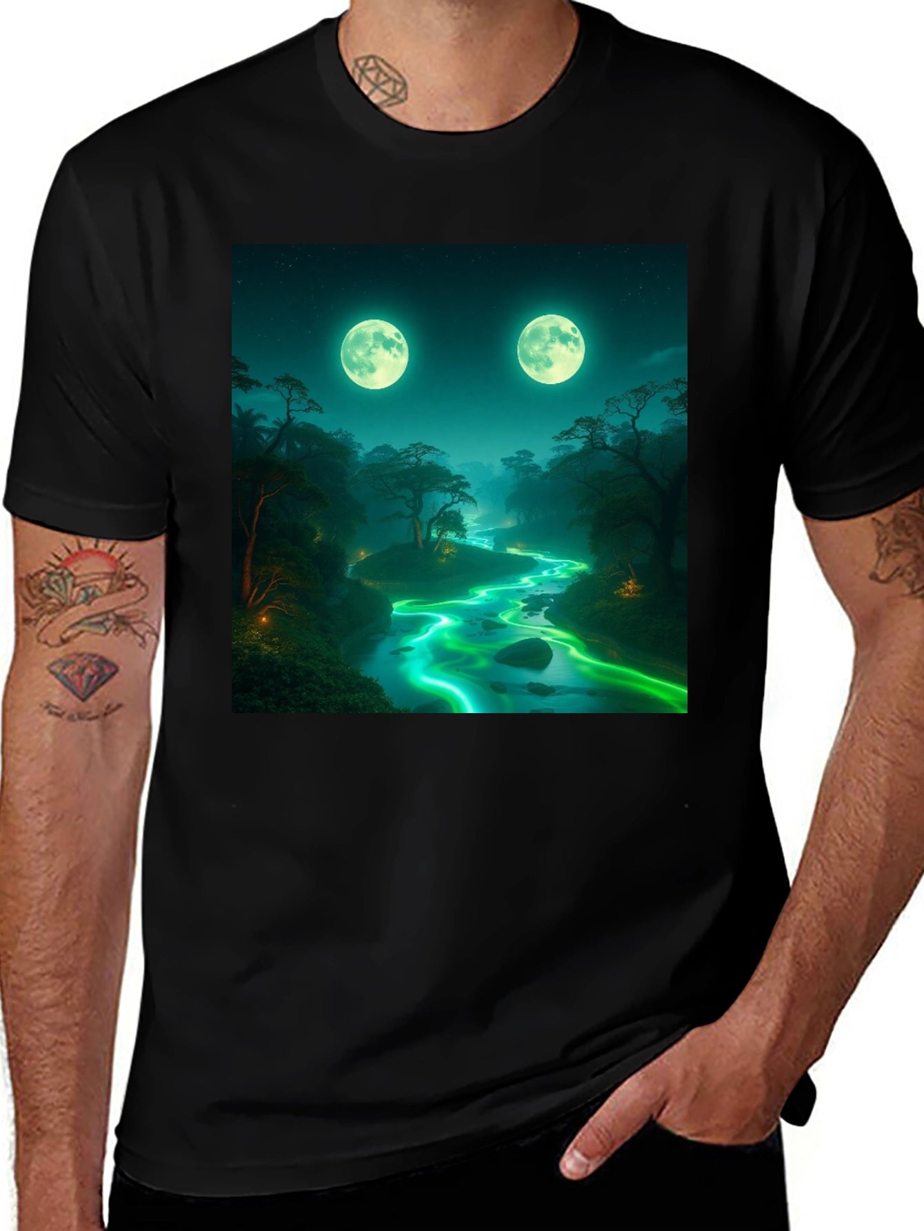 Mystical Moonlight River Black T-Shirt