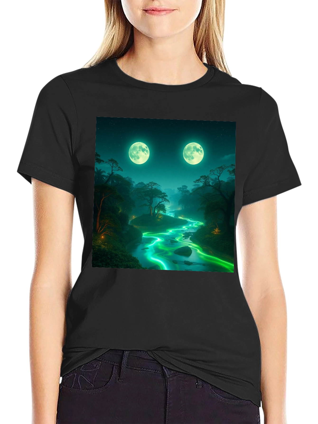 Mystical Moonlight River Black T-Shirt