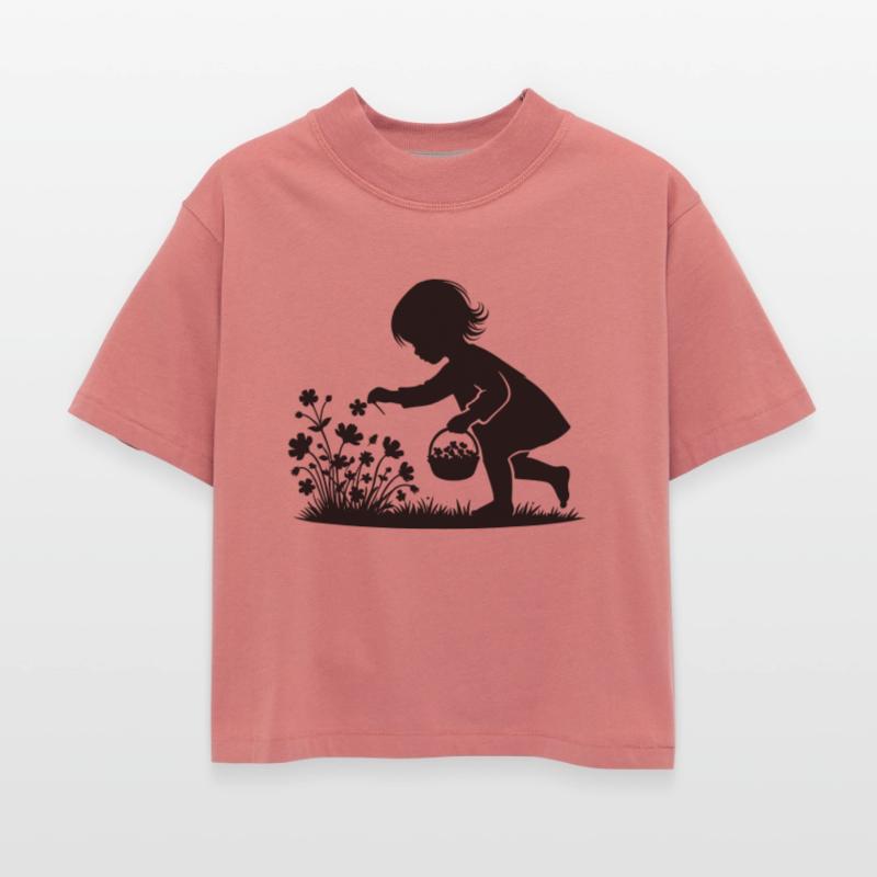 adorable girl picking flowers in a basket