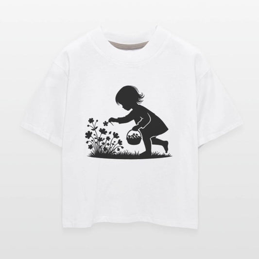 adorable girl picking flowers in a basket