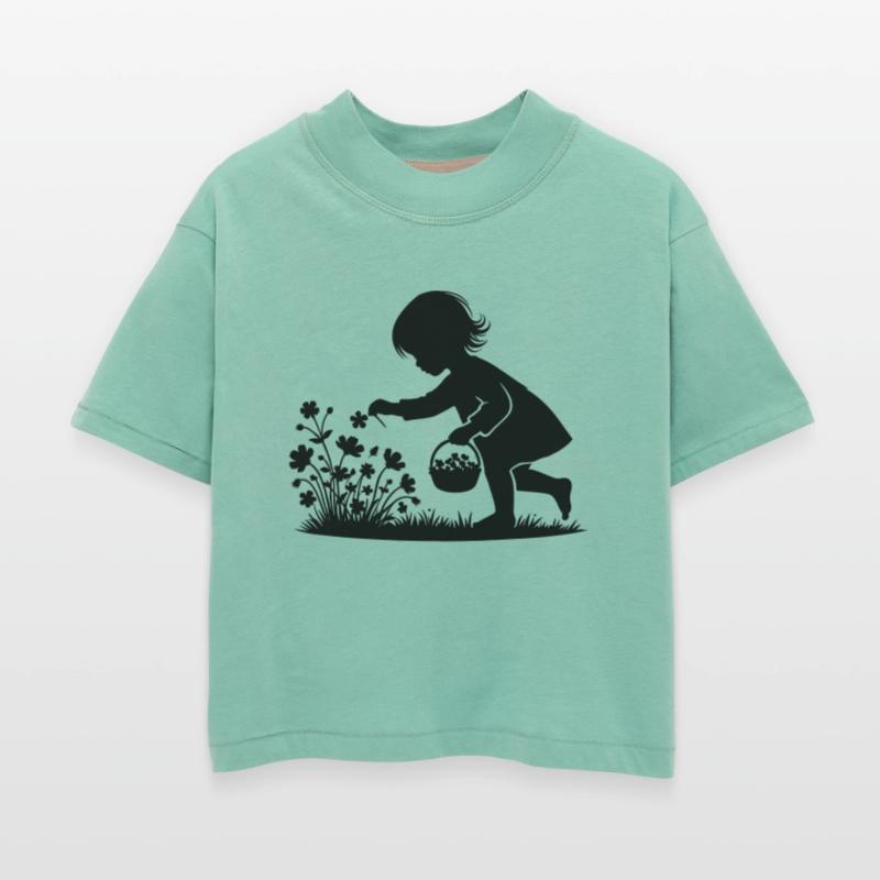 adorable girl picking flowers in a basket