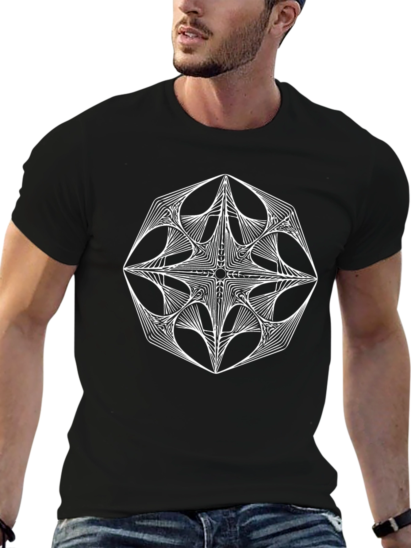 Geometric White Graphic Print Black T-Shirt