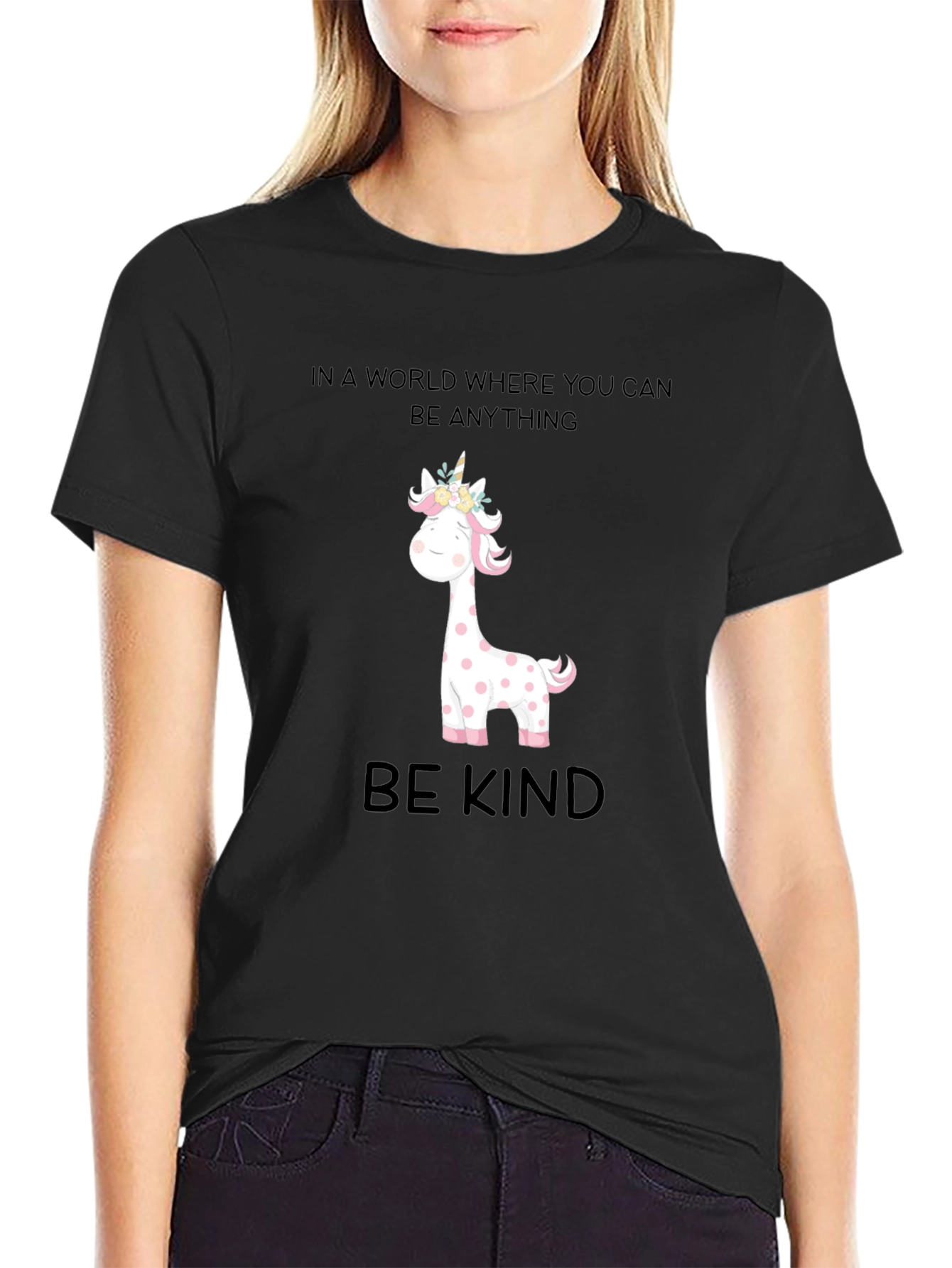 Be Kind Giraffe Unicorn Black Tee