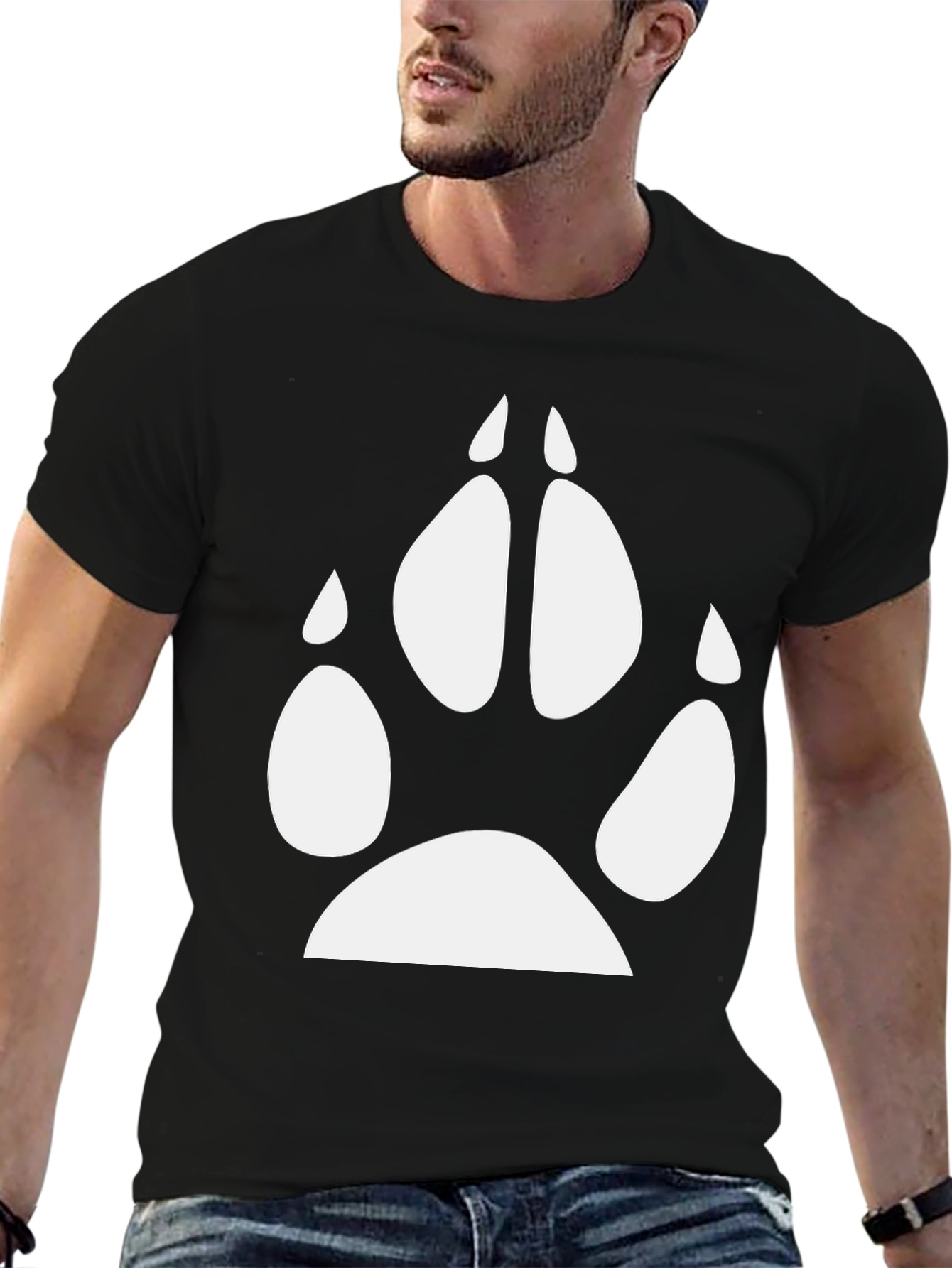 Mens Black T-Shirt with White Paw Print Design