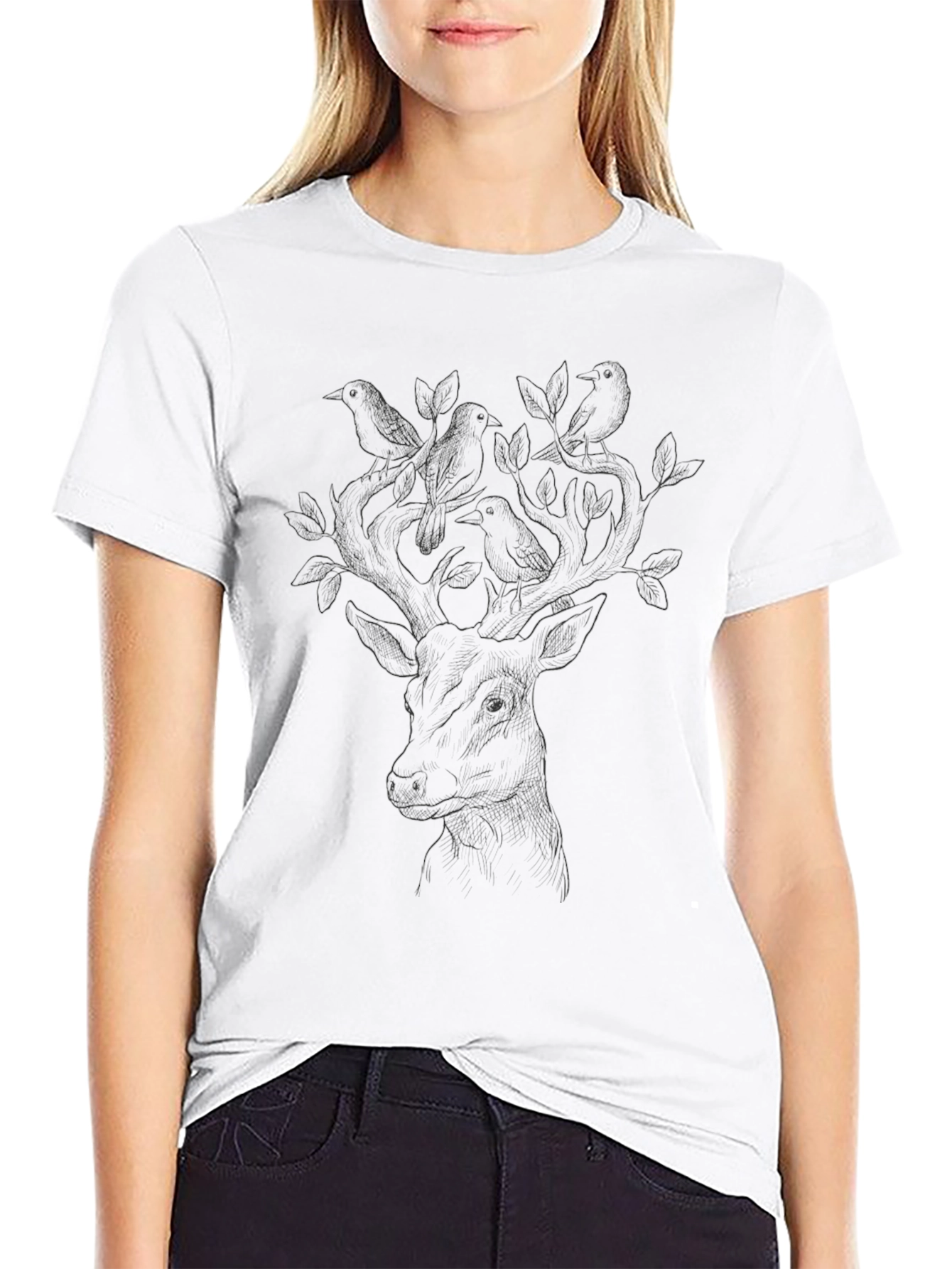 Deer & Birds Graphic Tee - Nature Inspired Design